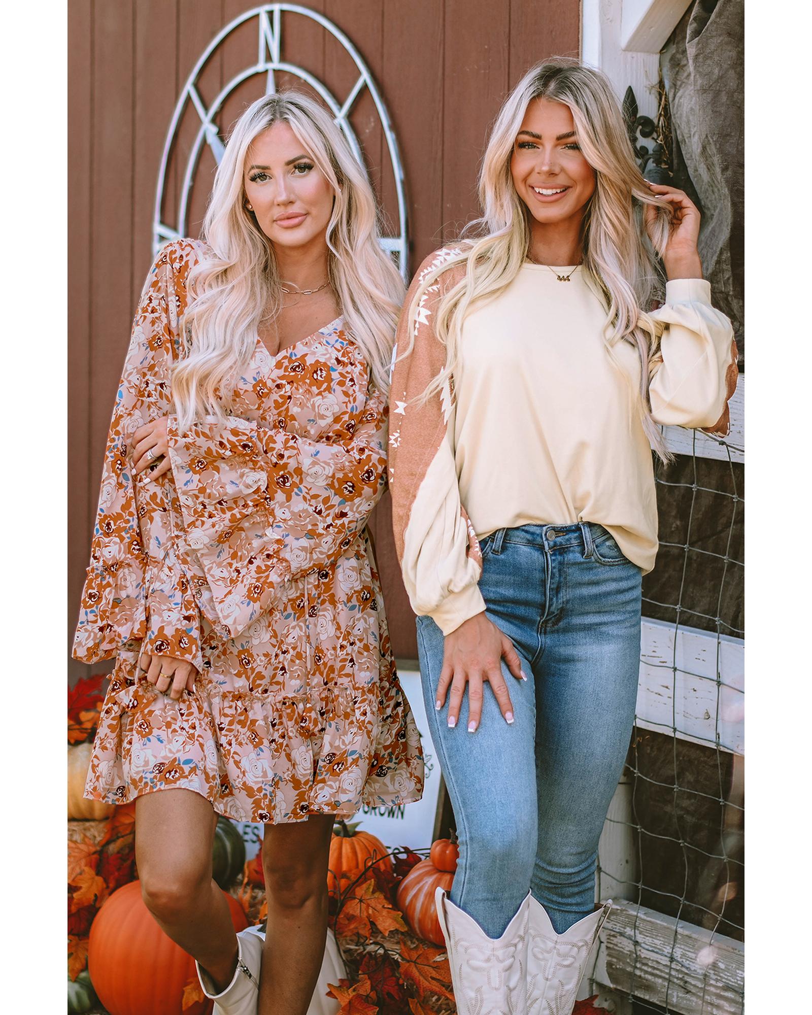 Apricot Western Print Patch Long Sleeve Top - M