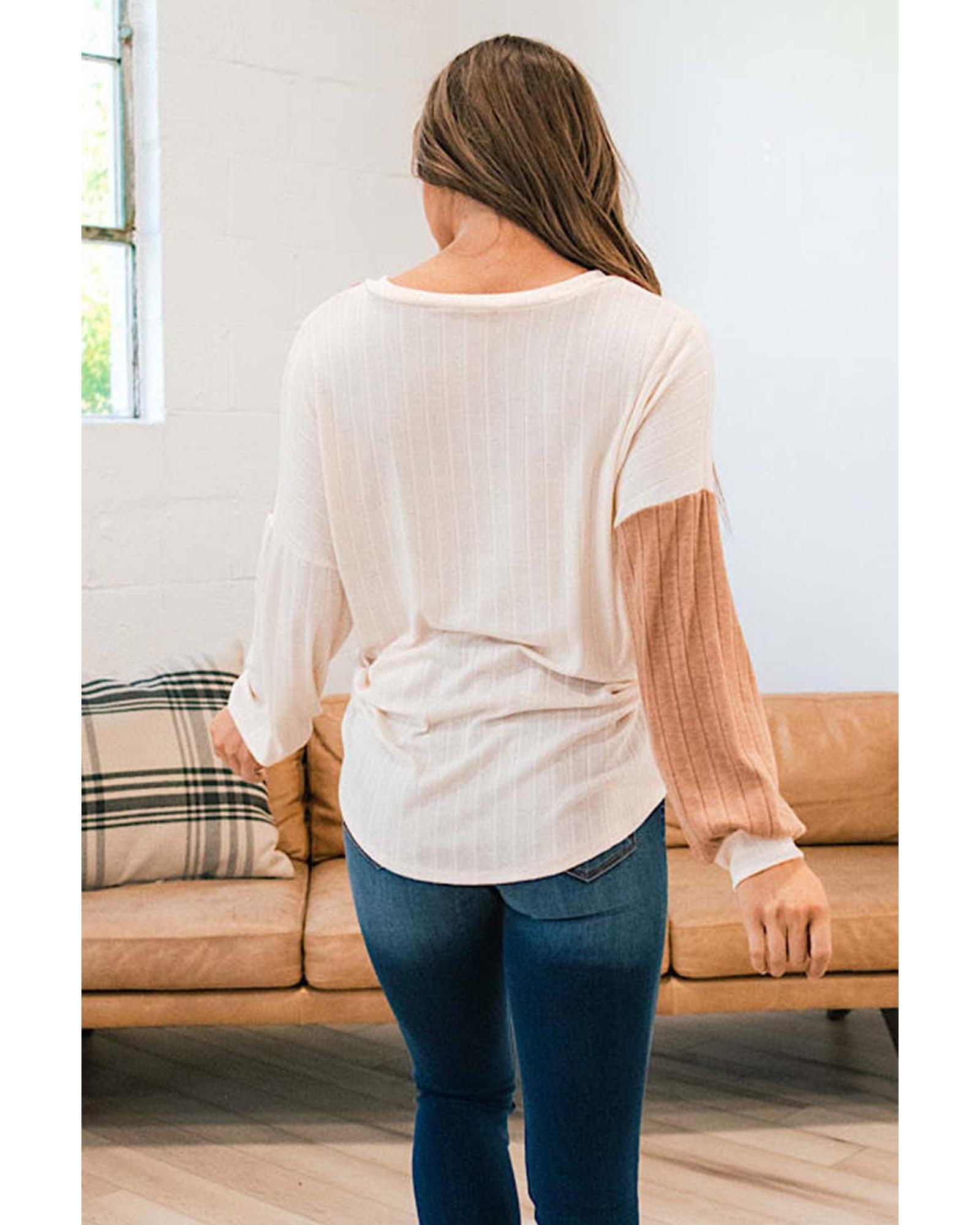 Apricot Color Block Wide Ribbed V Neck Top - S