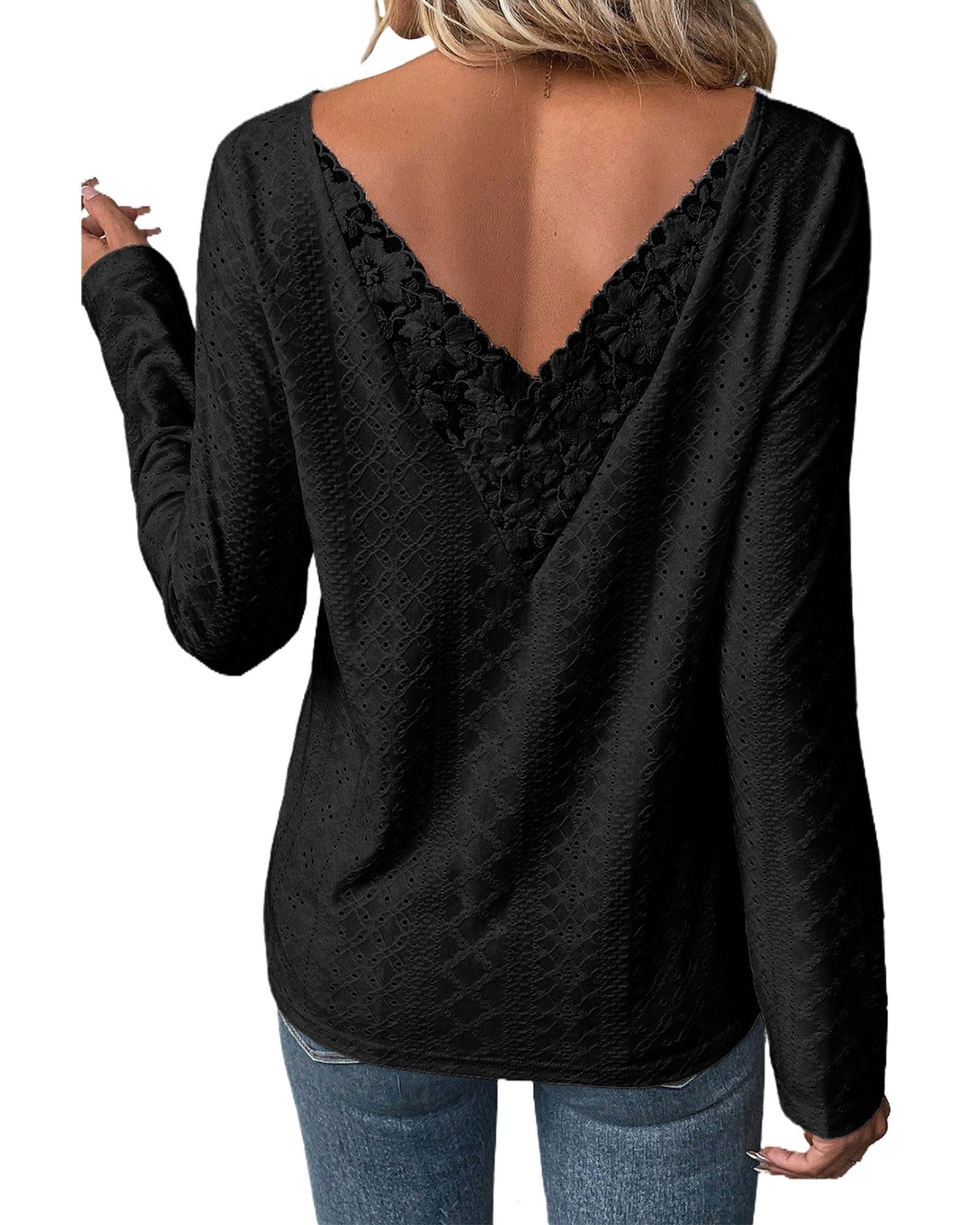 Black Floral Lace Splicing Eyelet Long Sleeve Top - S