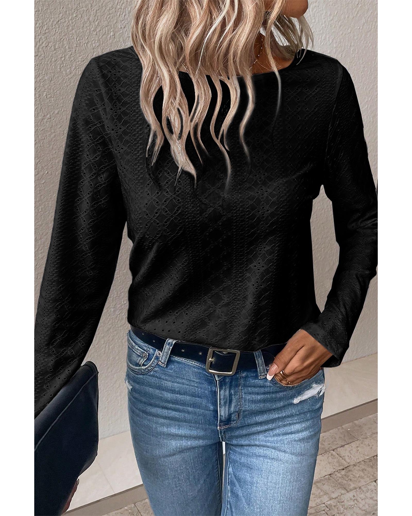 Black Floral Lace Splicing Eyelet Long Sleeve Top - S