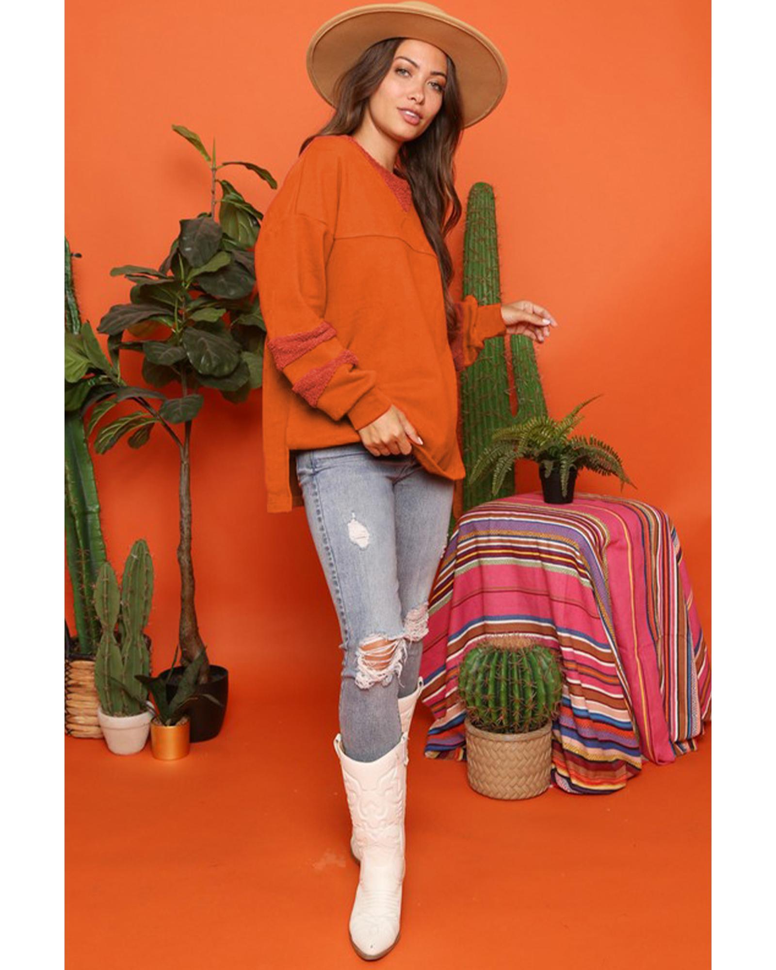 Carrot Fleece Patchwork Side Slits High Low Sweatshirt - M