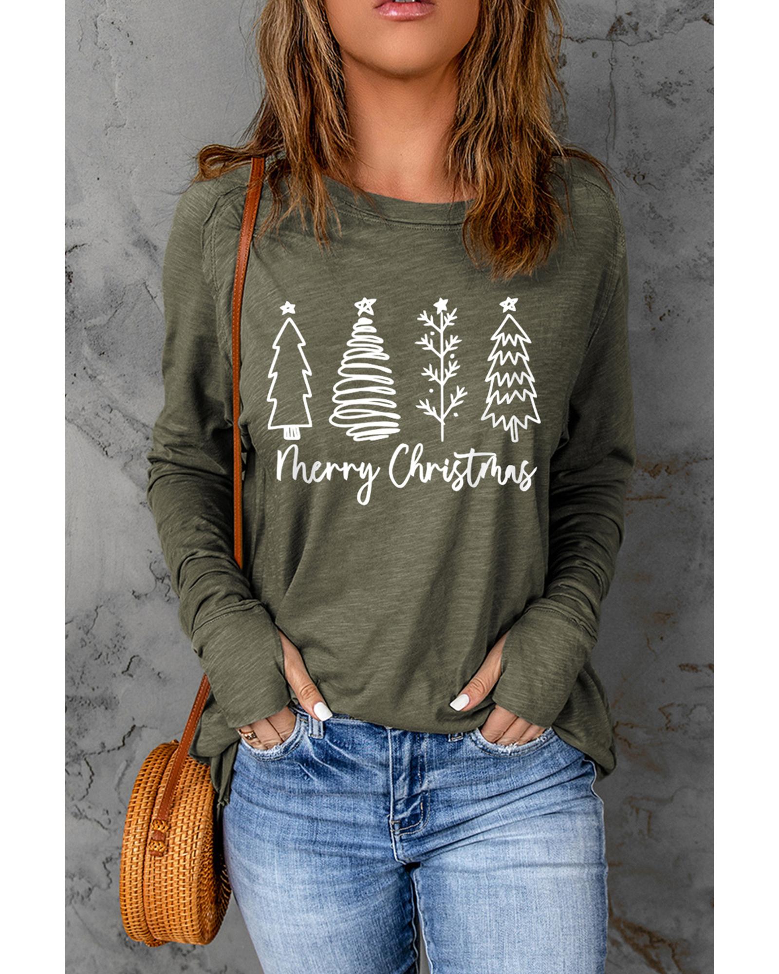 Green Merry Christmas Trees Thumbhole Sleeve Graphic Tee - L