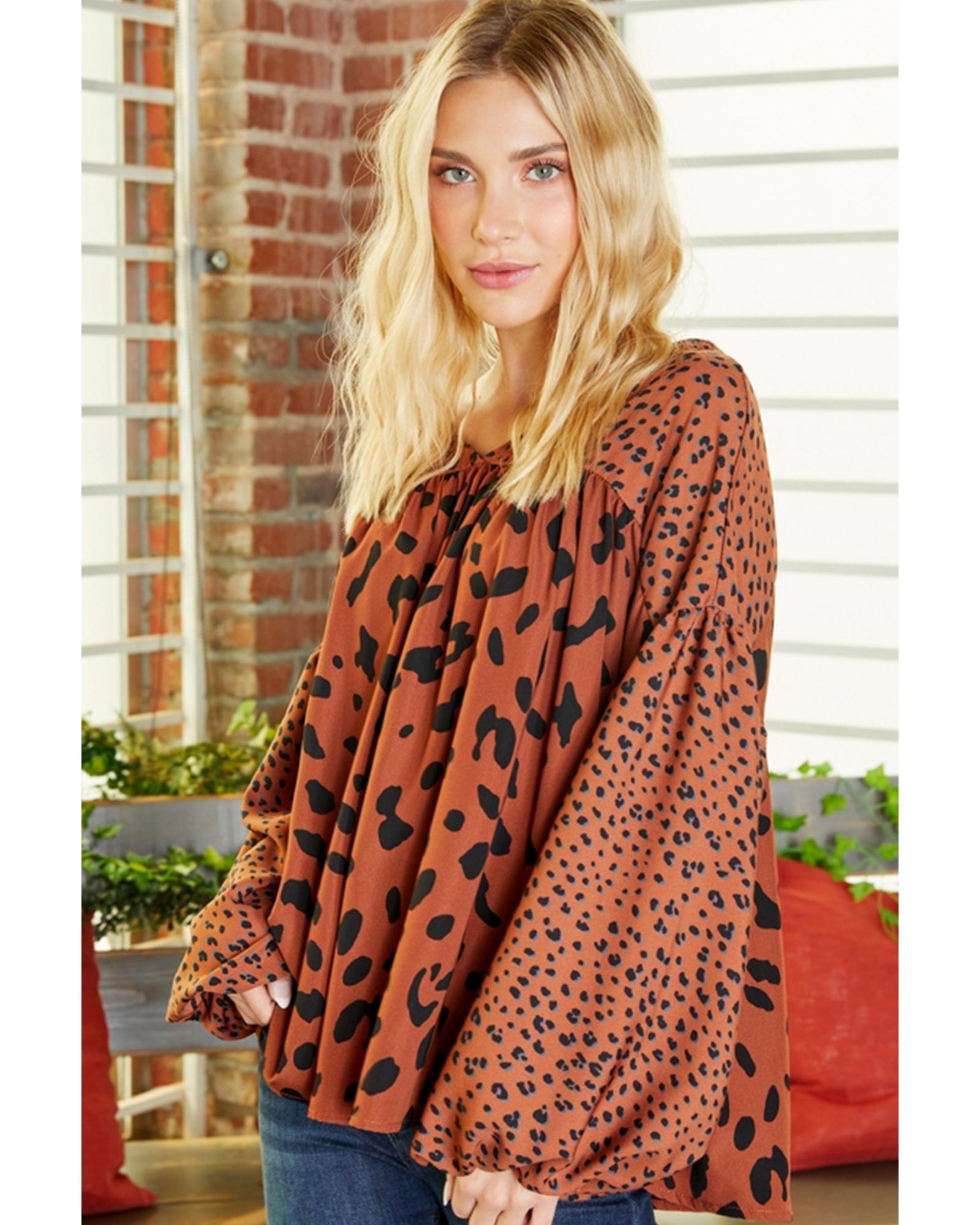 Brown Contrast Leopard Print Bubble Sleeve Blouse - S