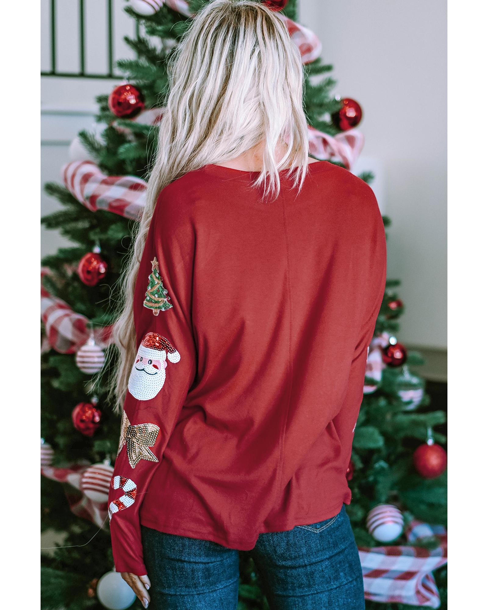 Red Sequined Christmas Favor Sleeve Casual Pullover - L