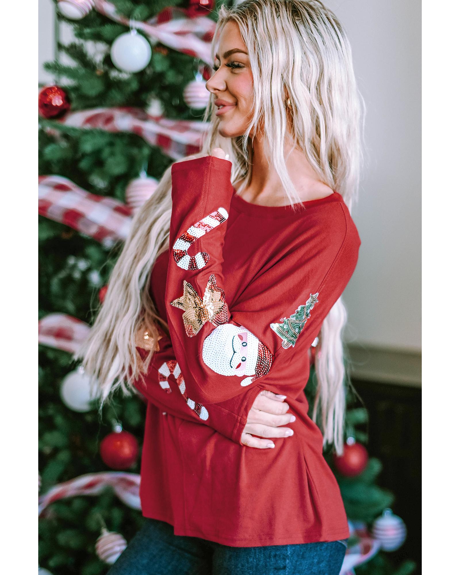 Red Sequined Christmas Favor Sleeve Casual Pullover - L