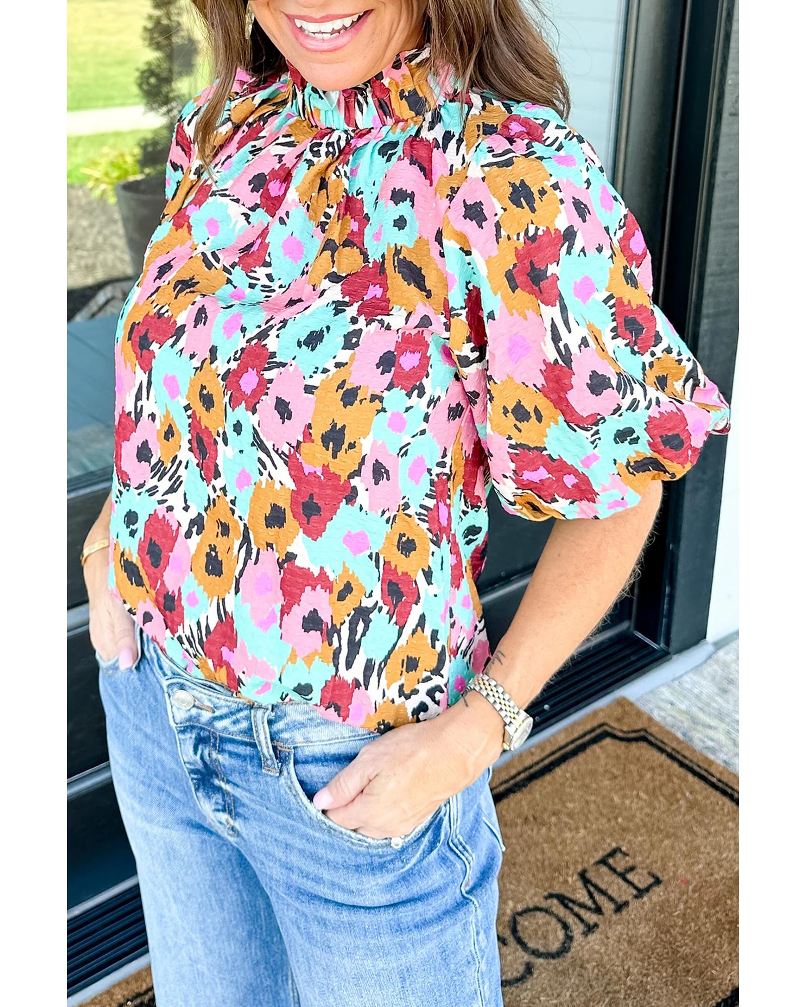 White Frilled High Neck Buttons Back Floral Blouse - M