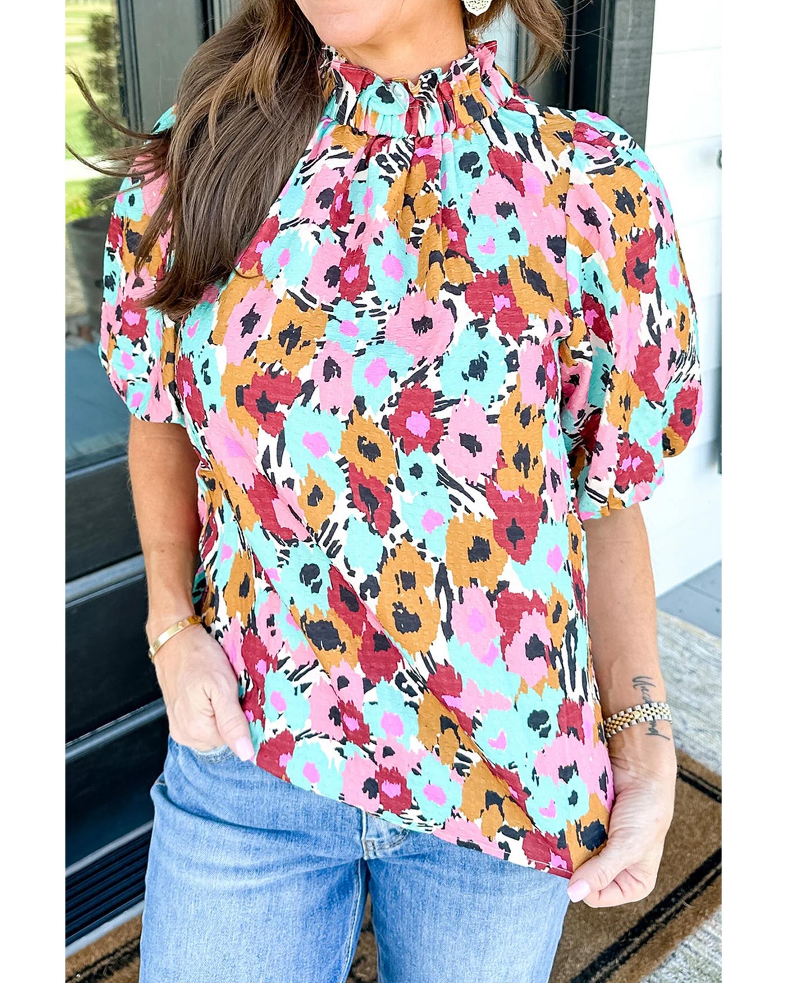 White Frilled High Neck Buttons Back Floral Blouse - M