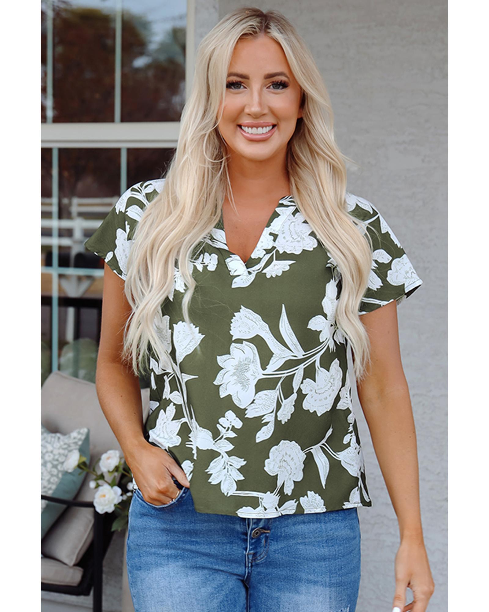 Green Floral Print Split Neck Short Sleeve Blouse - XL