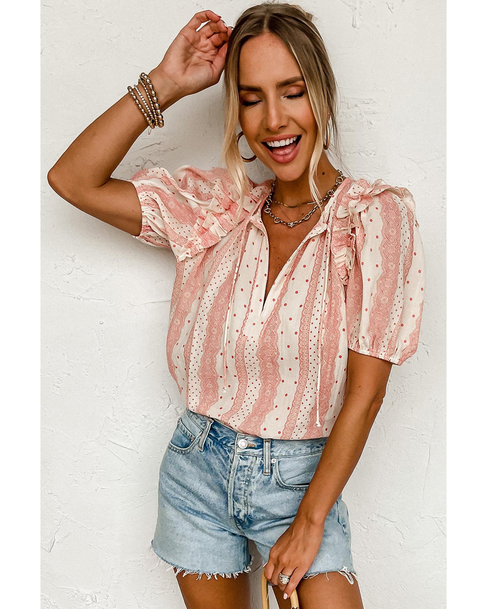 Red Frilled Short Puff Sleeve Mixed Print Blouse - XL
