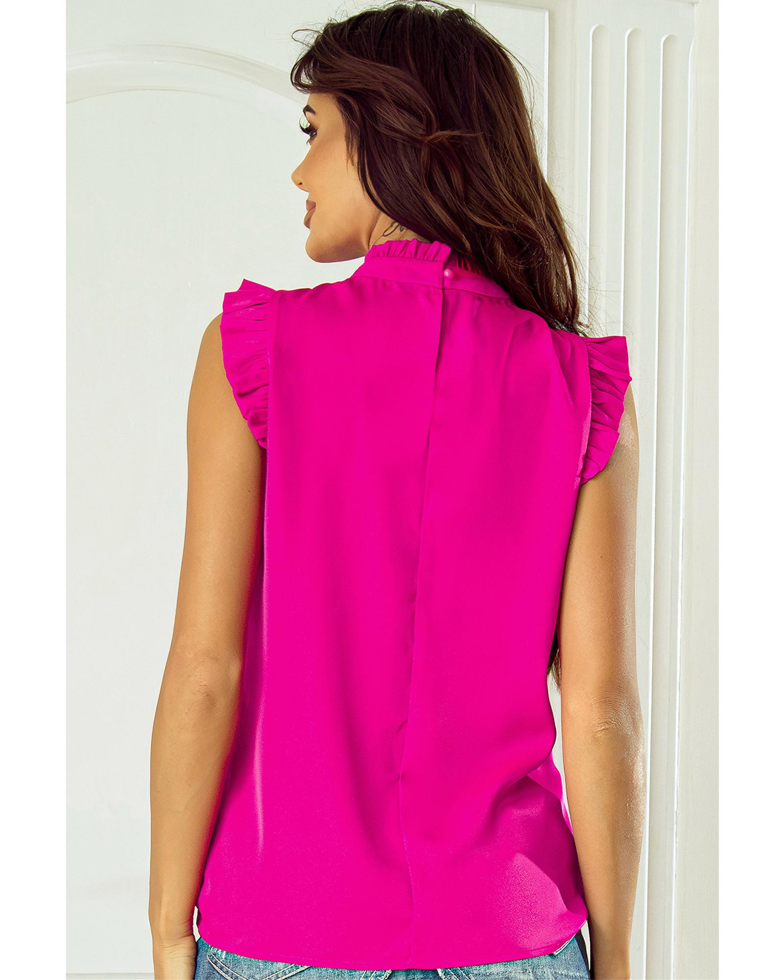 Bright Pink Pleated Mock Neck Frilled Trim Sleeveless Top - L