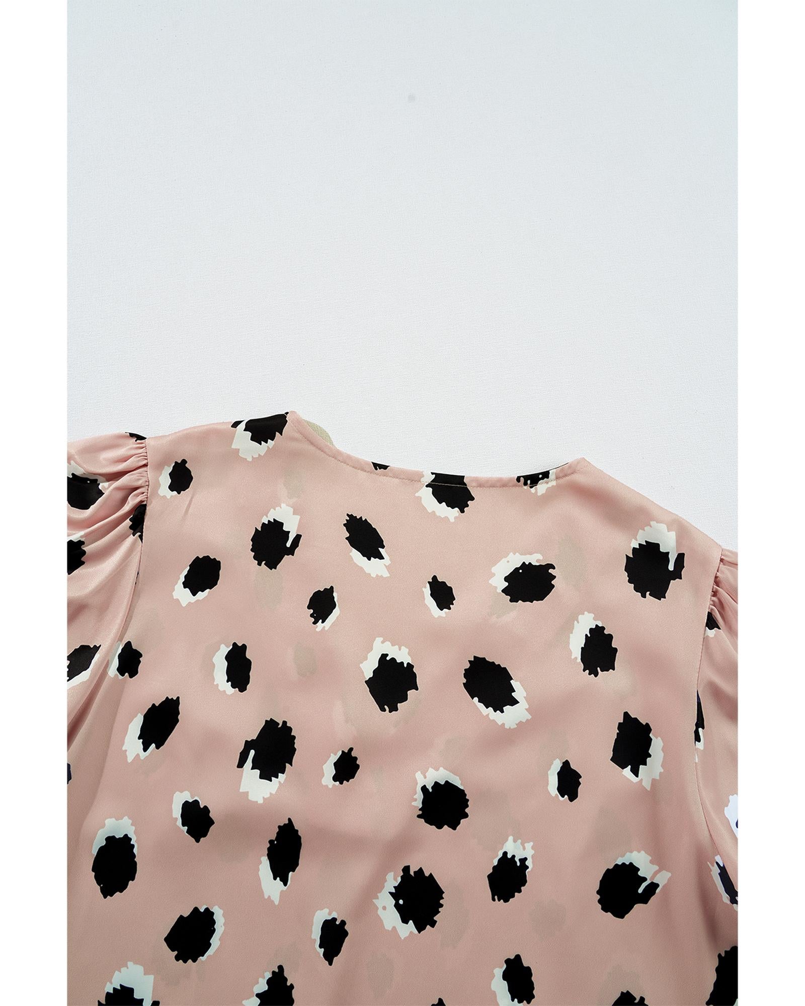 Khaki Classic Leopard V Neck Bracelet Sleeve Blouse - M