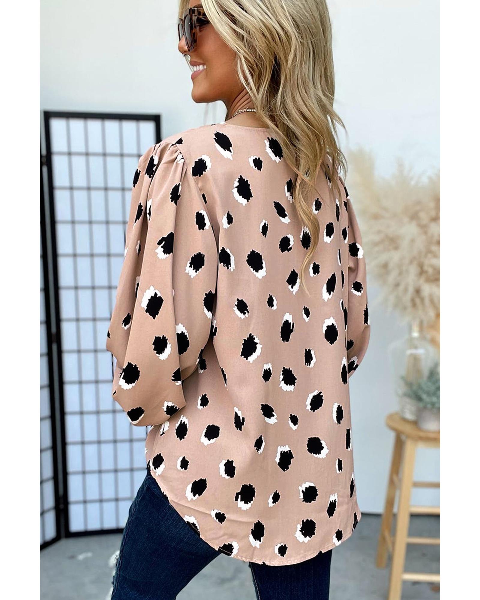 Khaki Classic Leopard V Neck Bracelet Sleeve Blouse - XL