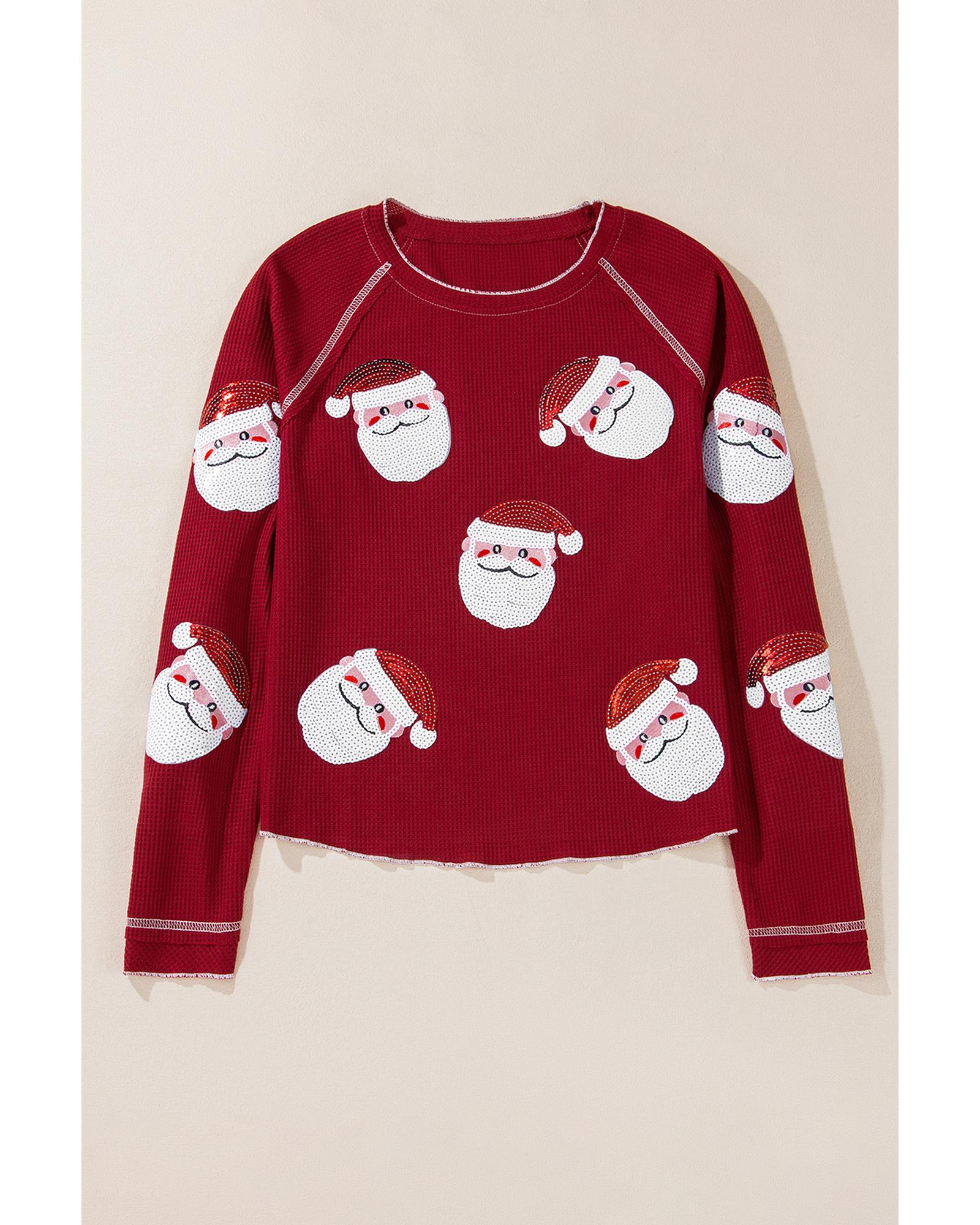Red Sequin Santa Claus Graphic Textured Long Sleeve Top - 2XL