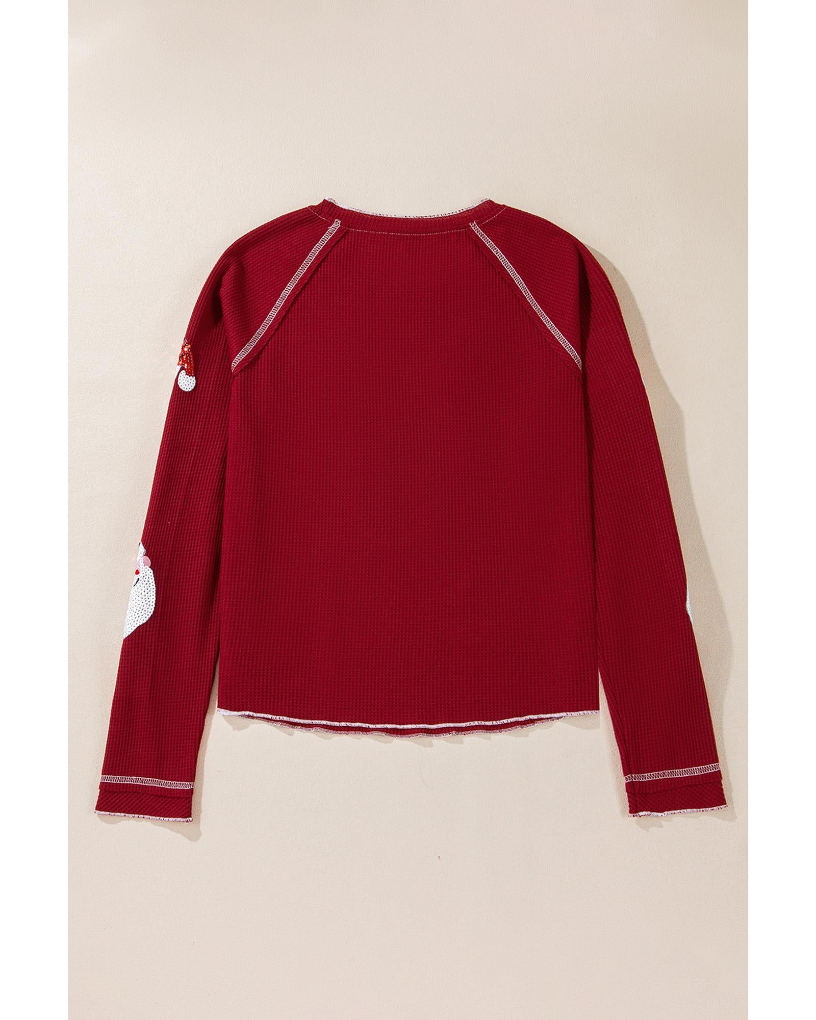 Red Sequin Santa Claus Graphic Textured Long Sleeve Top - 2XL
