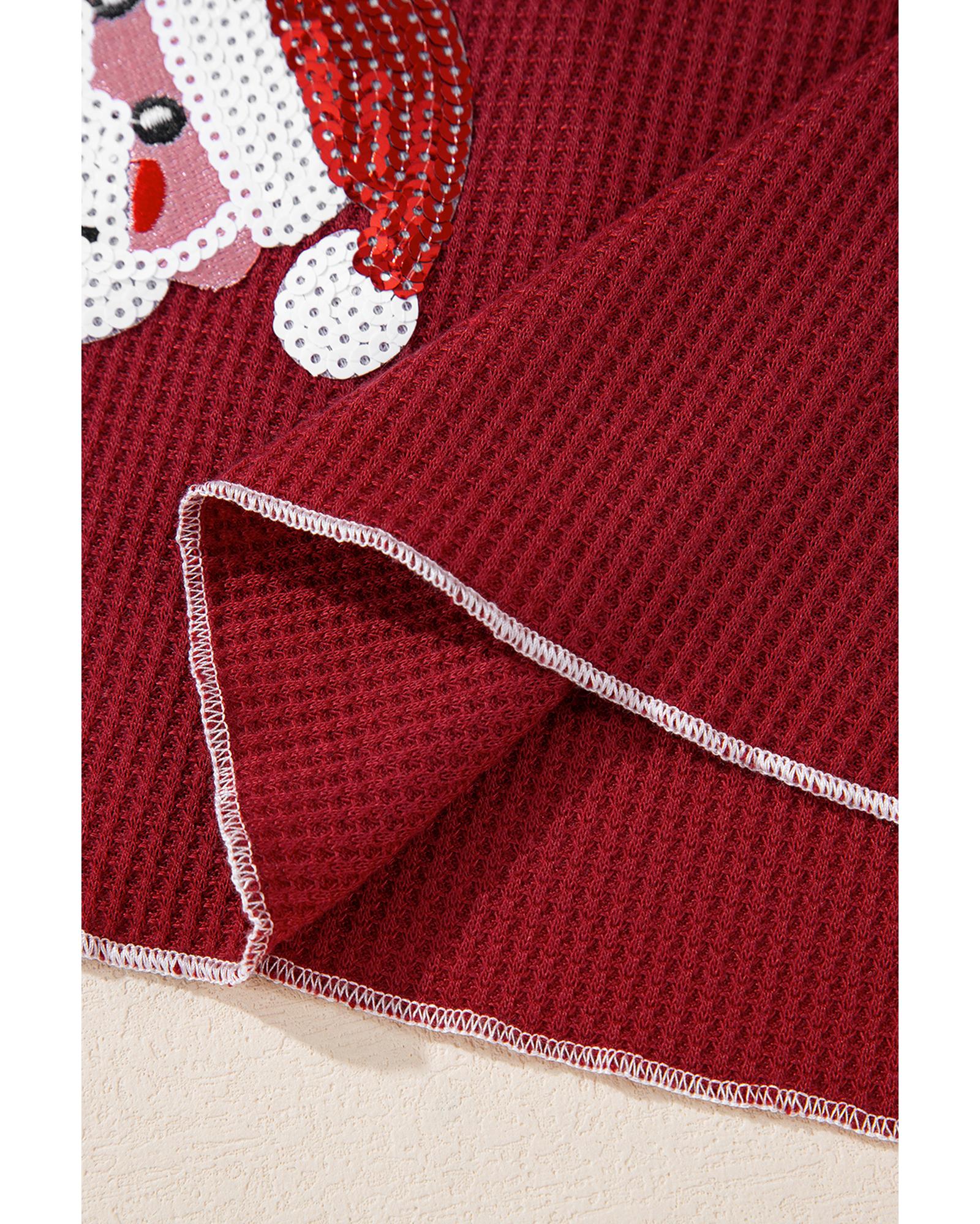 Red Sequin Santa Claus Graphic Textured Long Sleeve Top - 2XL