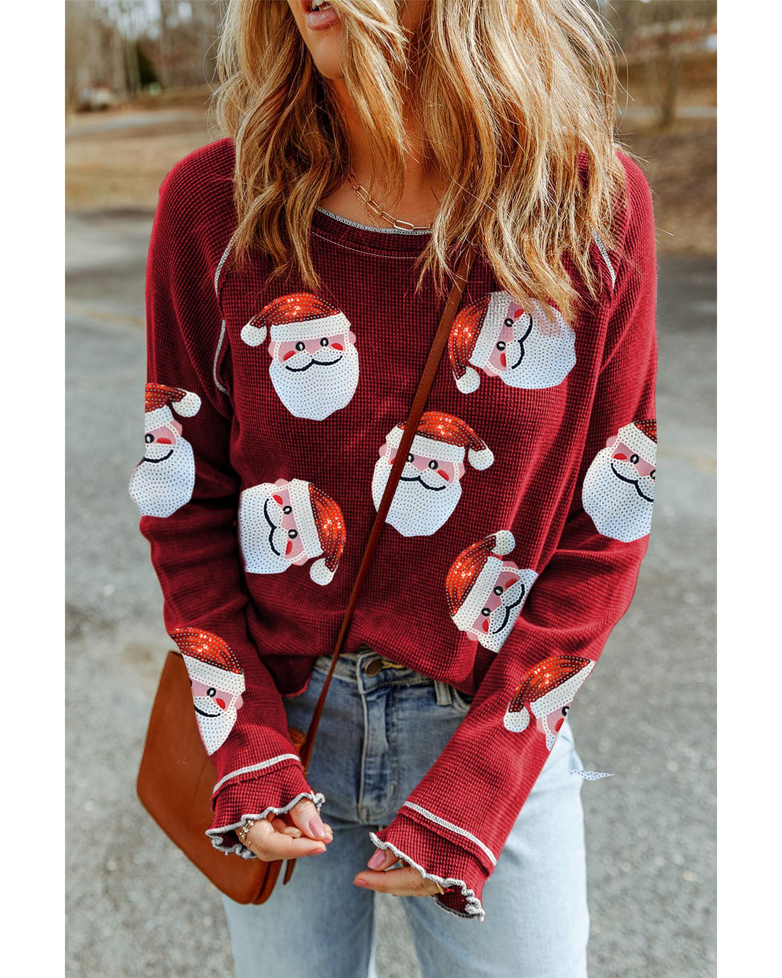 Red Sequin Santa Claus Graphic Textured Long Sleeve Top - 2XL