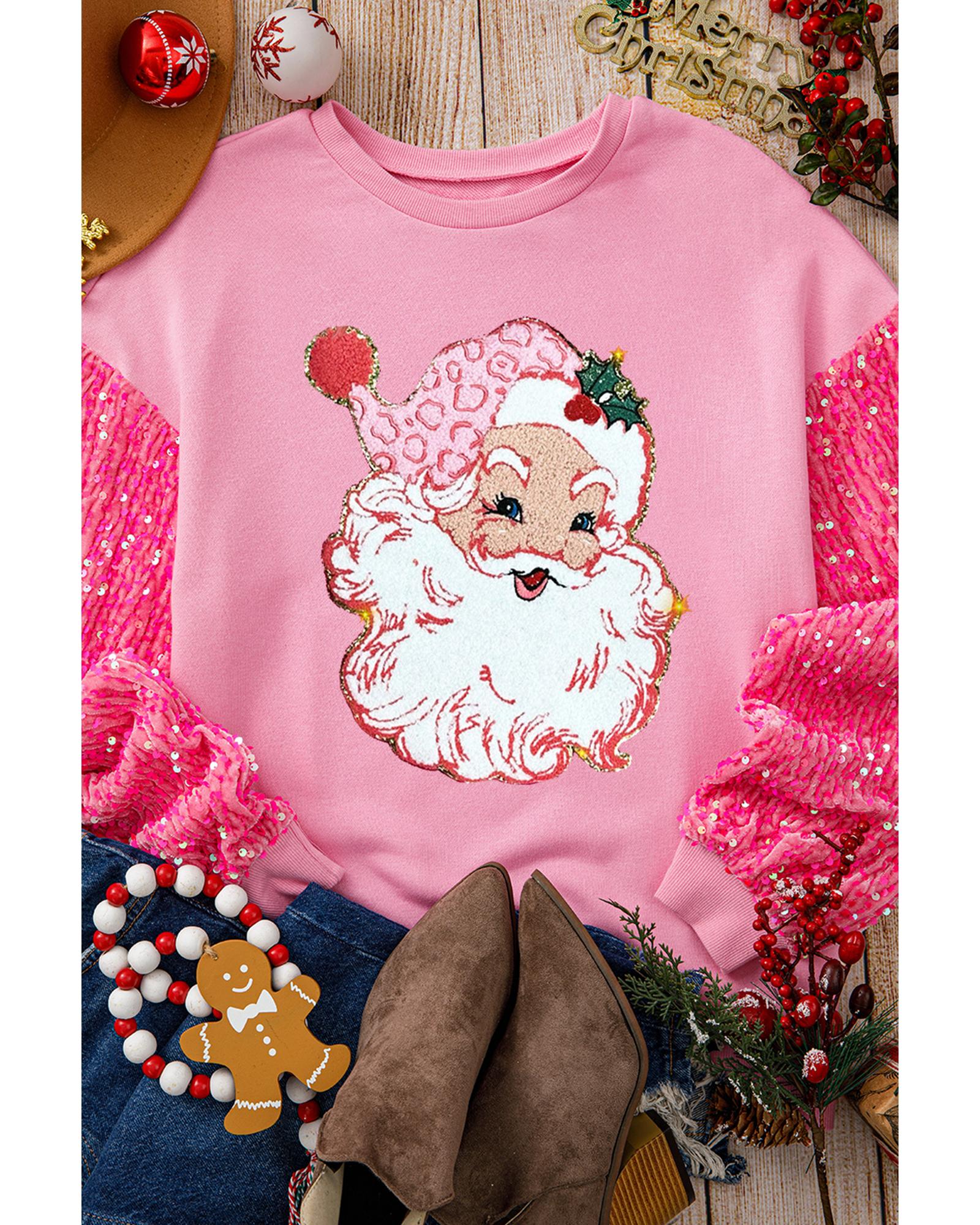 Pink Shiny Father Christmas Graphic Sequin Long Sleeve Top - L