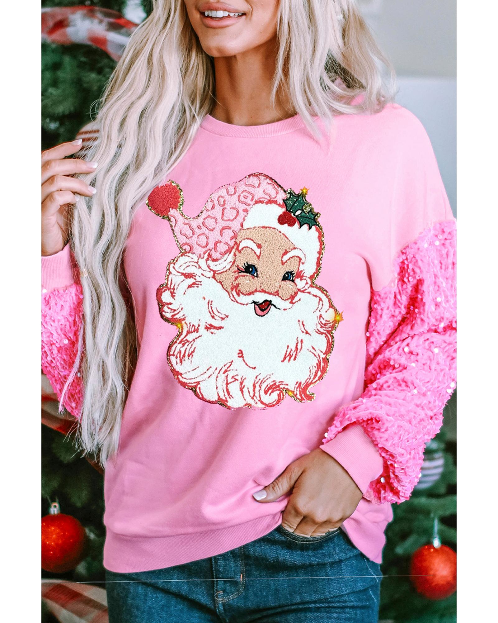 Pink Shiny Father Christmas Graphic Sequin Long Sleeve Top - S
