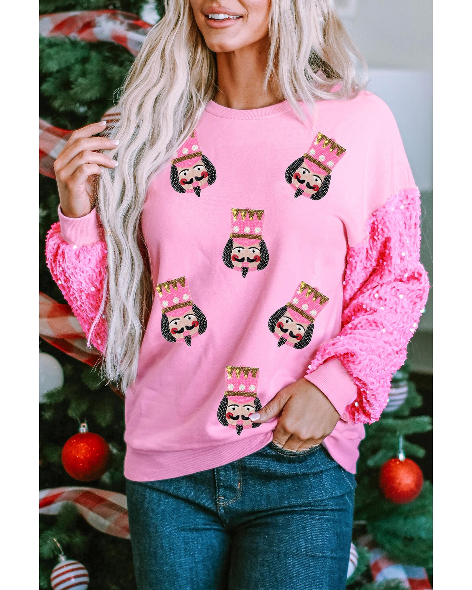 Pink Christmas Nutcracker Graphic Sequin Patchwork Long Sleeve Top - XL