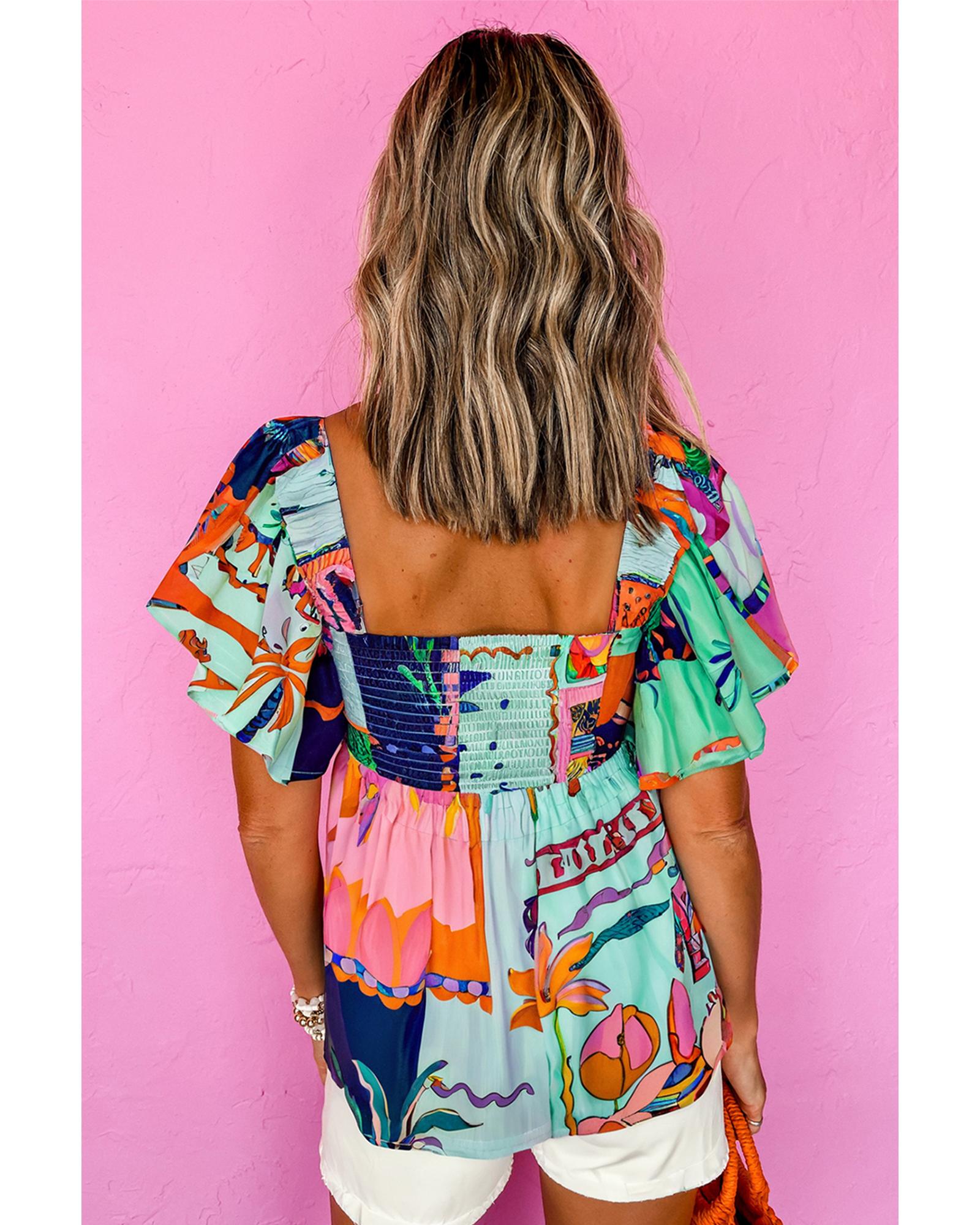 Sky Blue Tropical Printed Square Neck Flutter Sleeve Babydoll Blouse - L