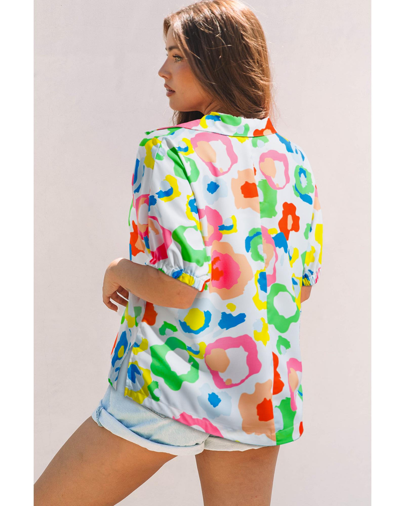 Green Chic Leopard Print Striped Detail Split Neck Blouse - L