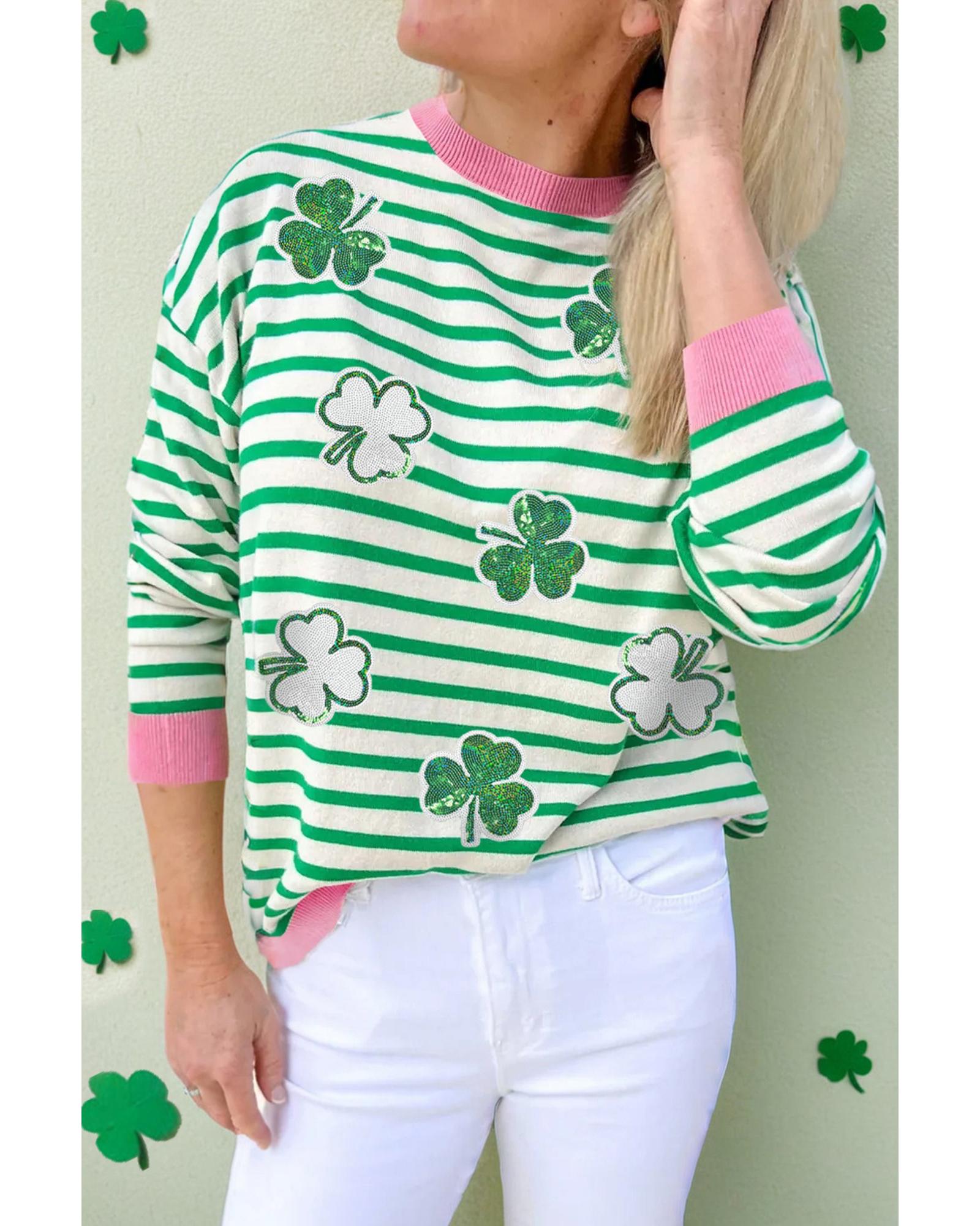Bright Green Striped Sequin Clover Graphic Colorblock Long Sleeve St Patrick Top - L