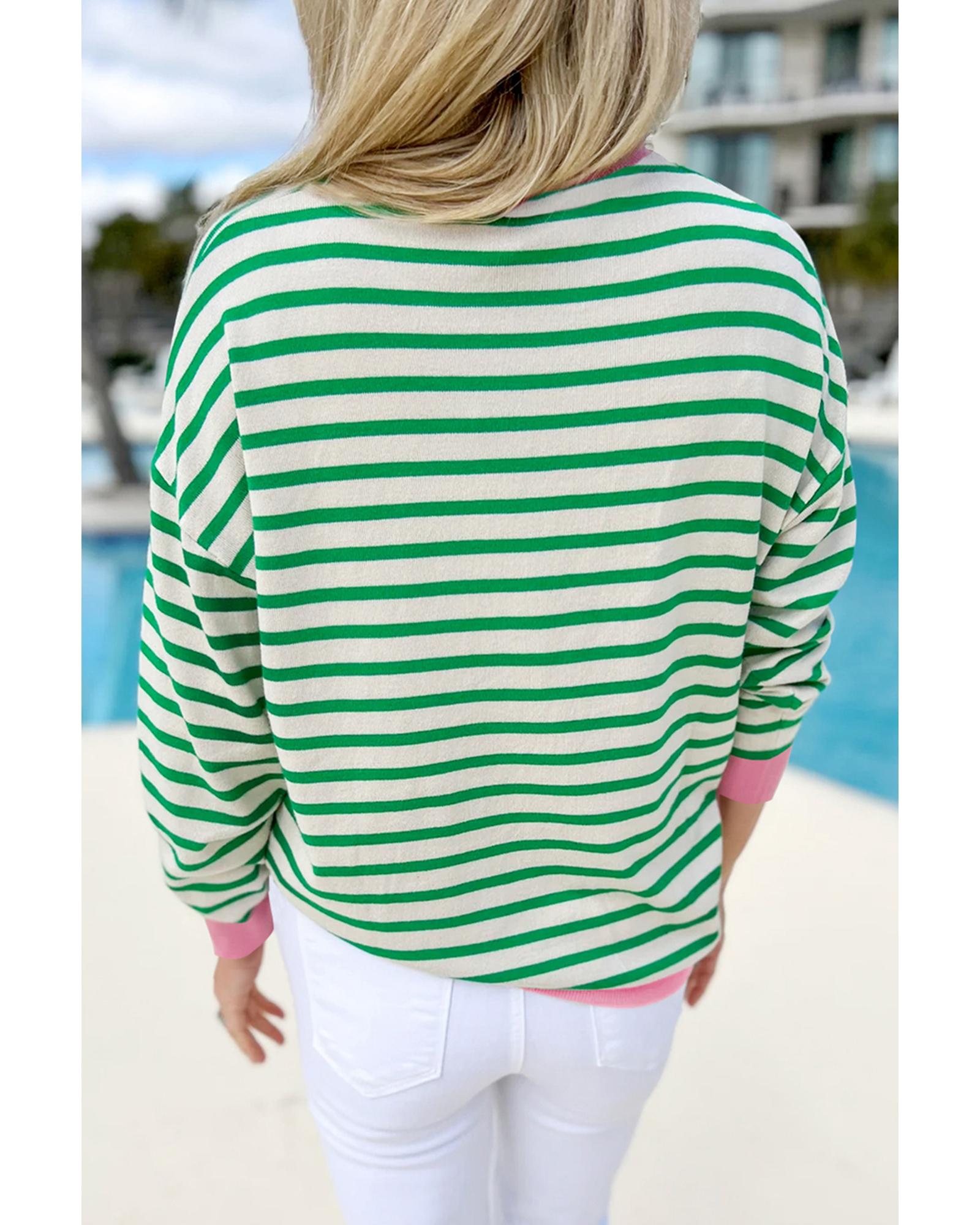 Bright Green Striped Sequin Clover Graphic Colorblock Long Sleeve St Patrick Top - L