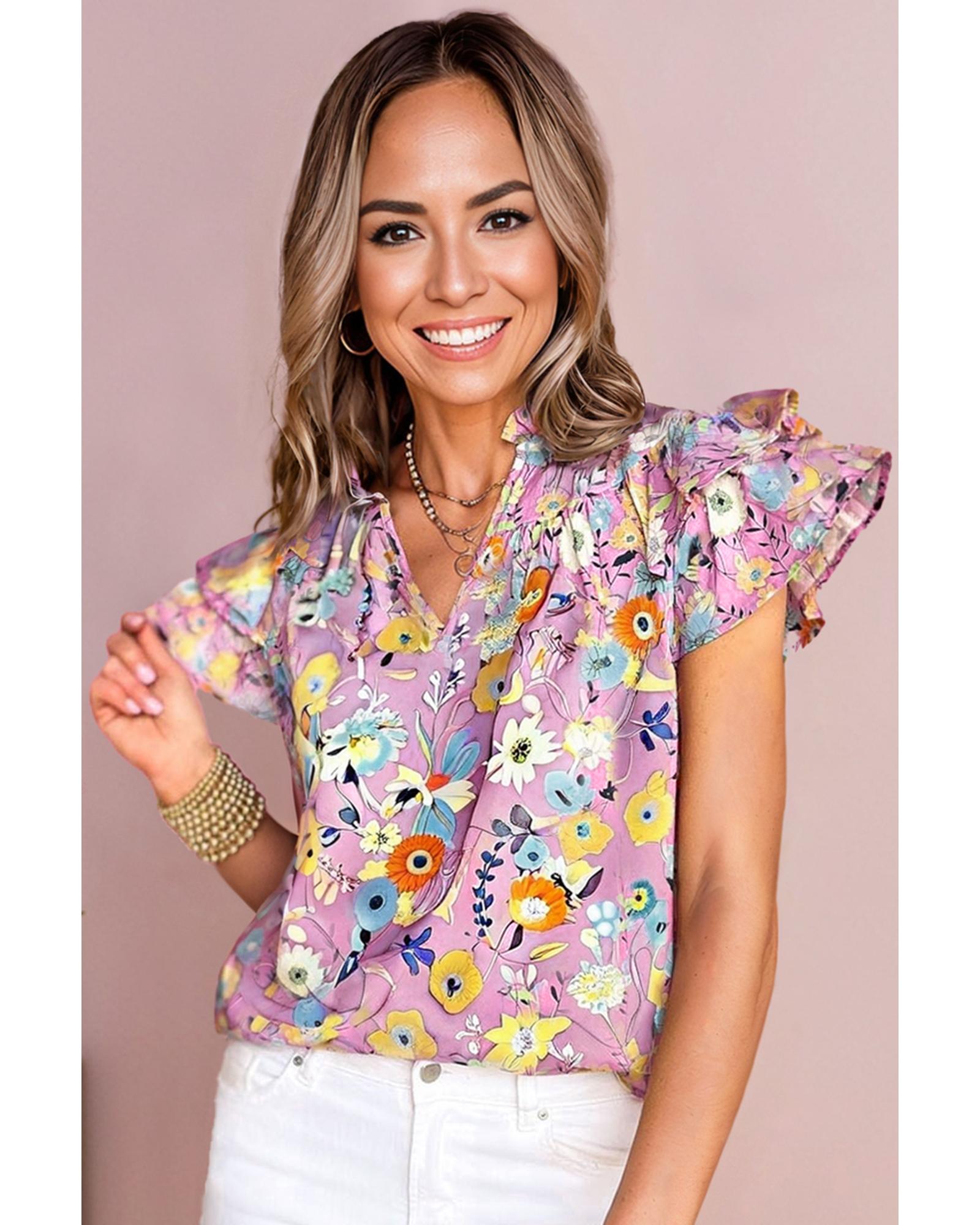 Pink Flutter Sleeve V Neck Floral Top - M