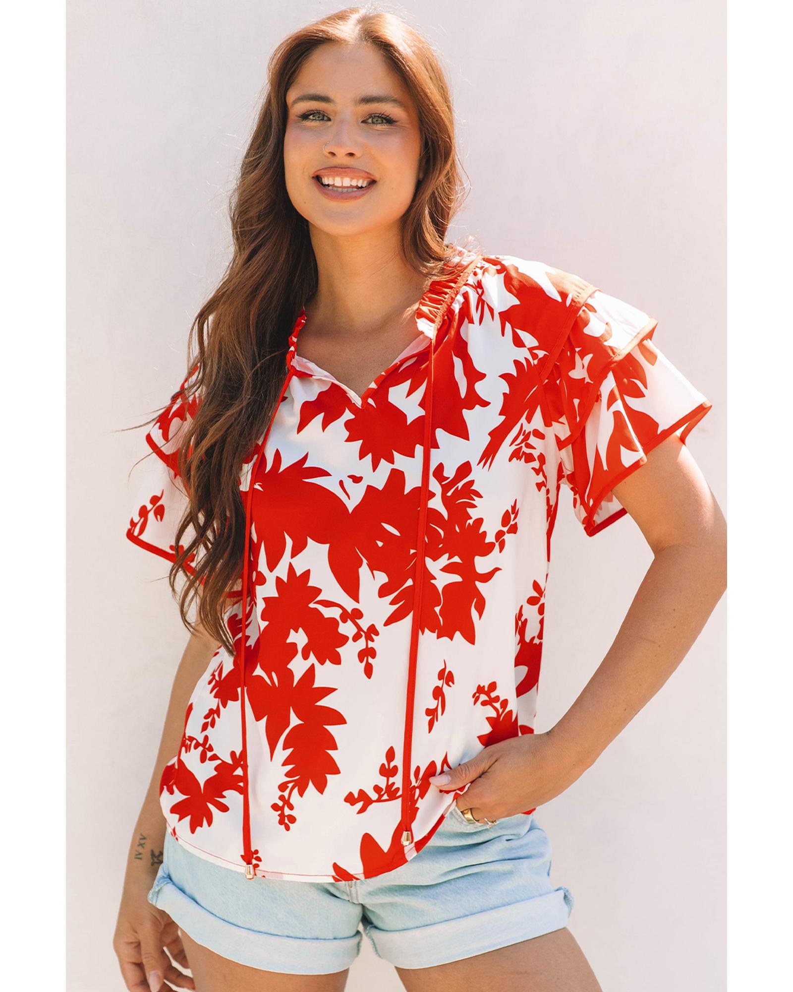 Red Plant Print Tiered Ruffled Sleeve V Neck Blouse - L