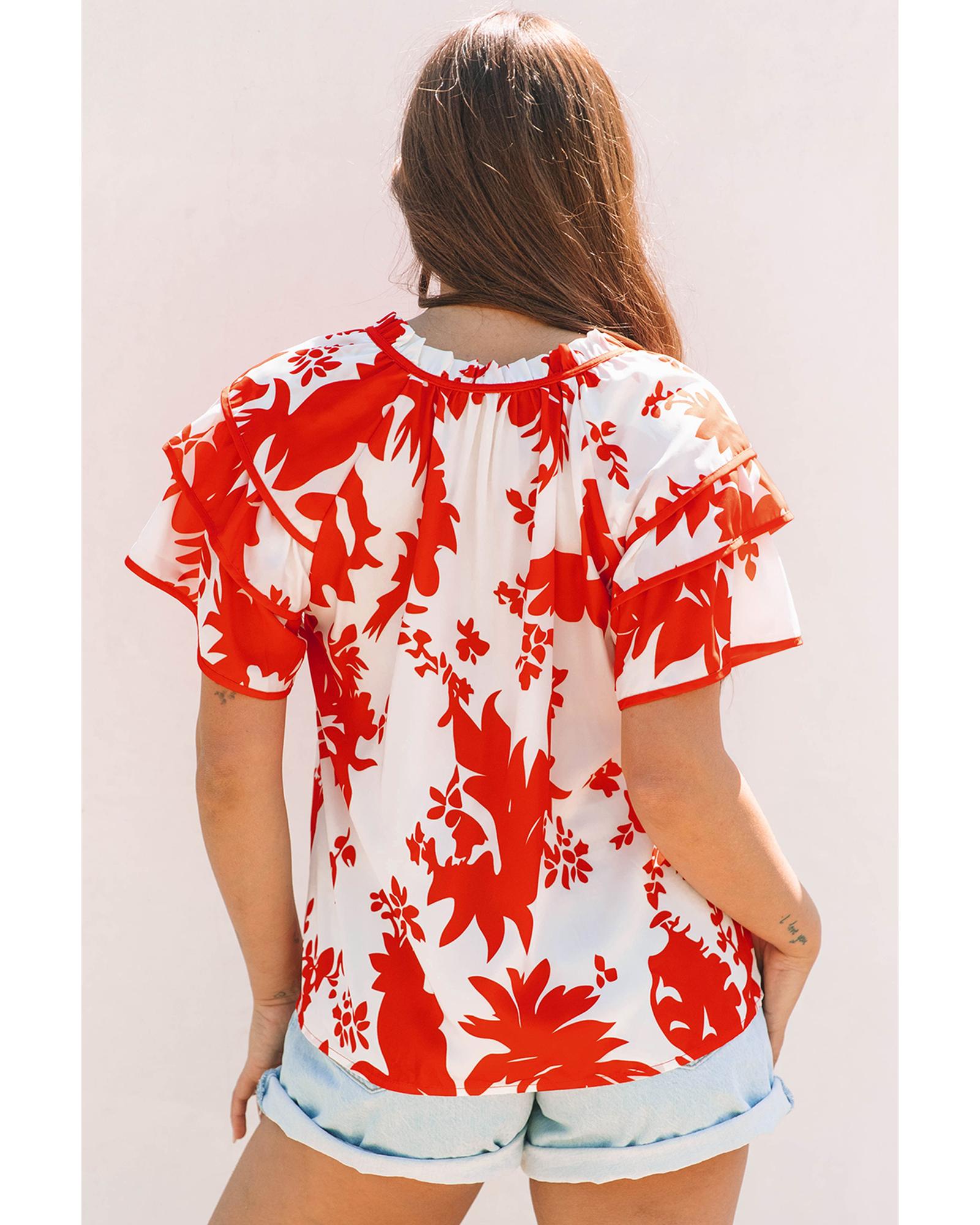 Red Plant Print Tiered Ruffled Sleeve V Neck Blouse - XL