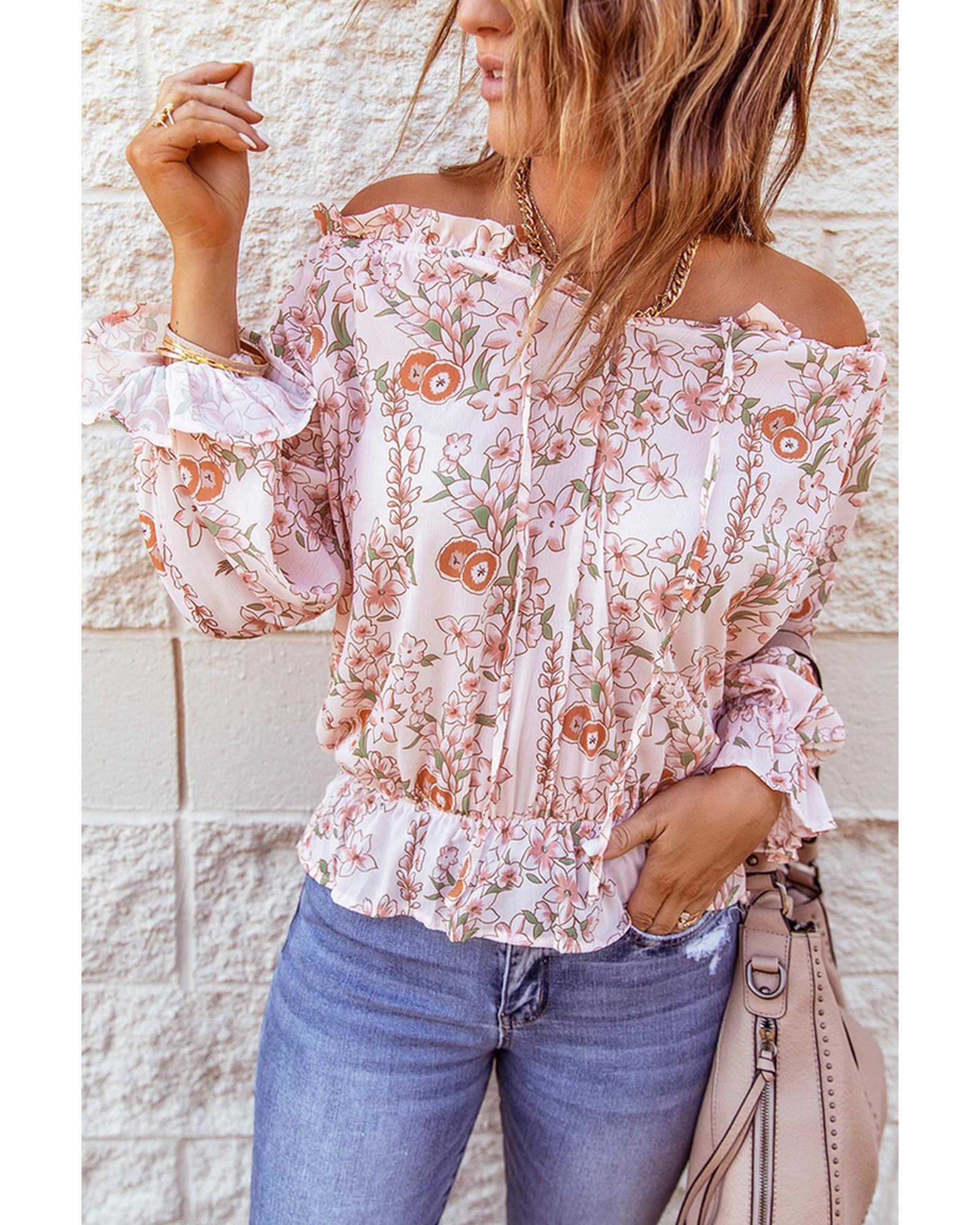 Azura Exchange Puff Sleeve Ruffled Floral Print Blouse - XL