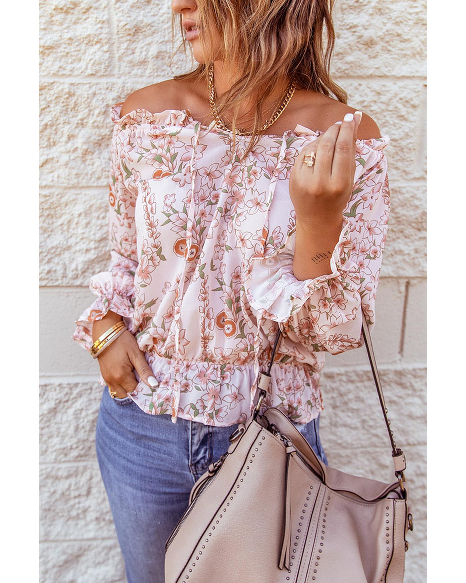 Azura Exchange Puff Sleeve Ruffled Floral Print Blouse - XL