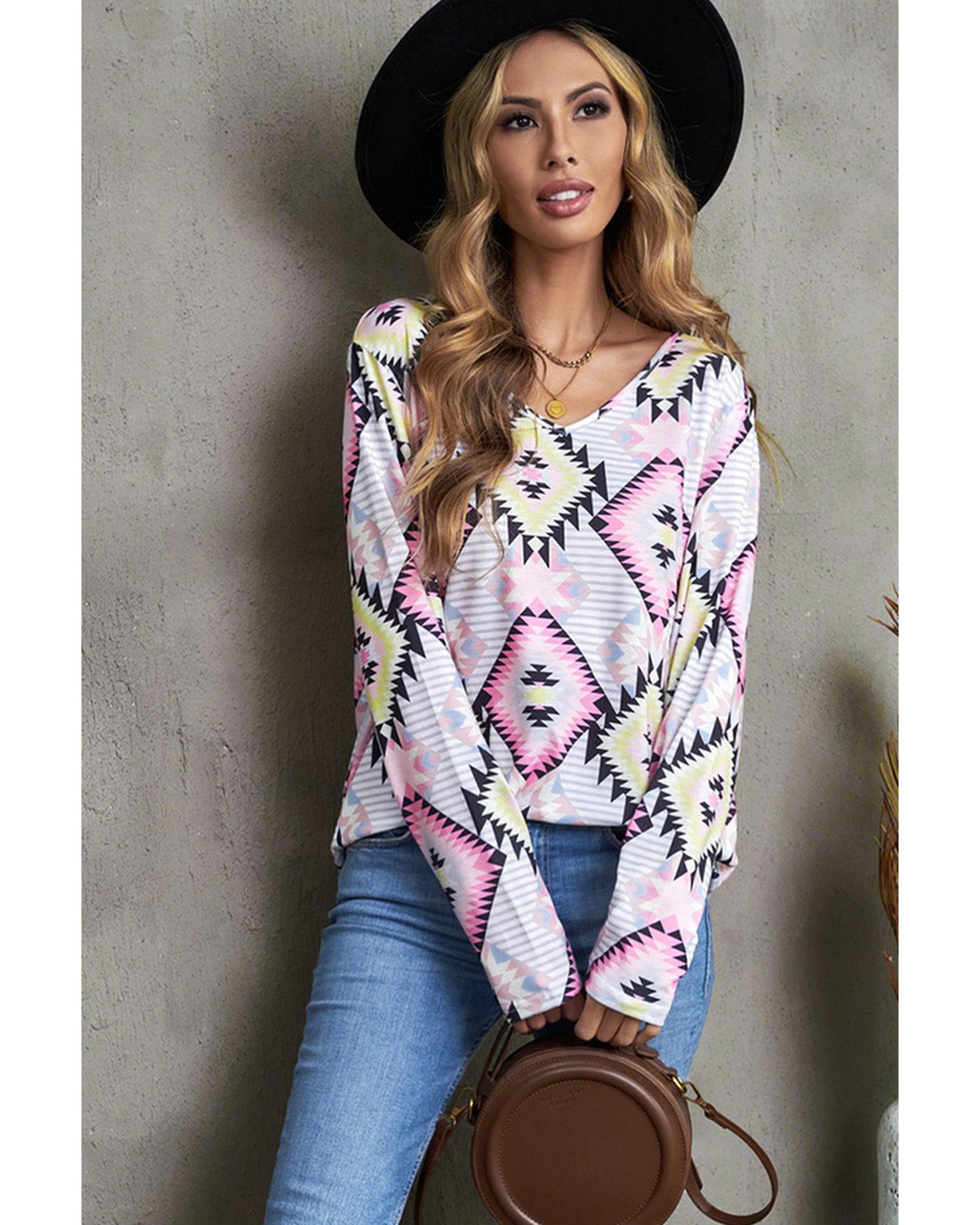 Azura Exchange Striped Aztec Print Long Sleeve Top - L
