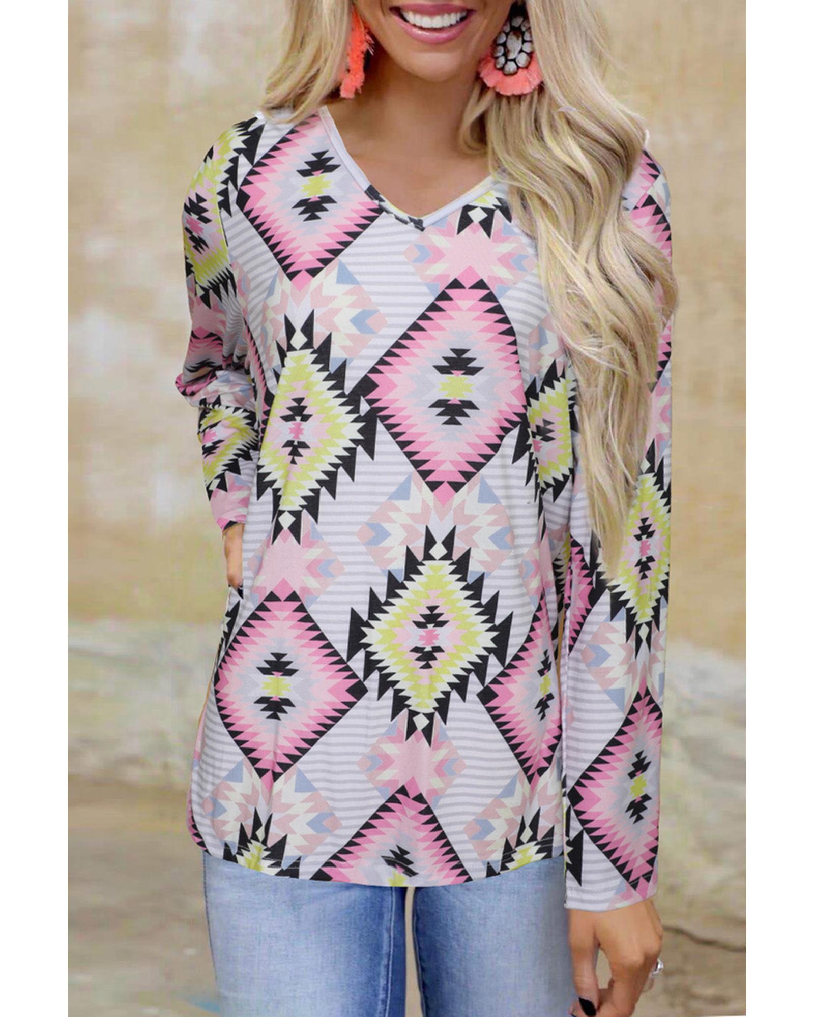 Azura Exchange Striped Aztec Print Long Sleeve Top - L
