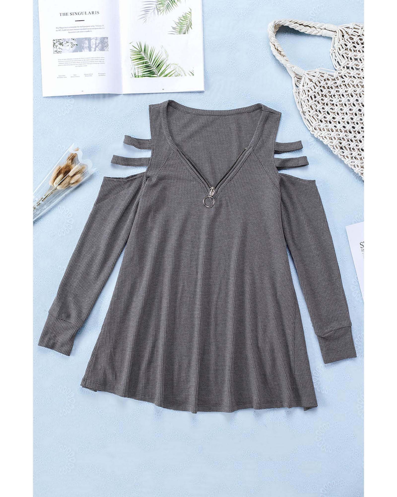 Azura Exchange Cut-out Waffle Knit Long Sleeve Top - L