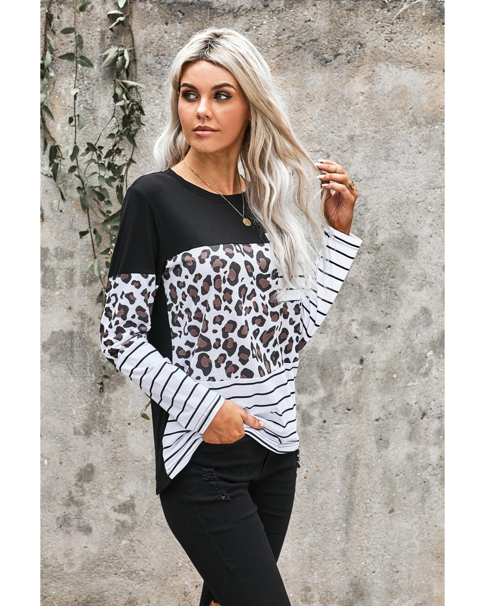 Azura Exchange Patchwork Striped Long Sleeve Top with Pocket - L