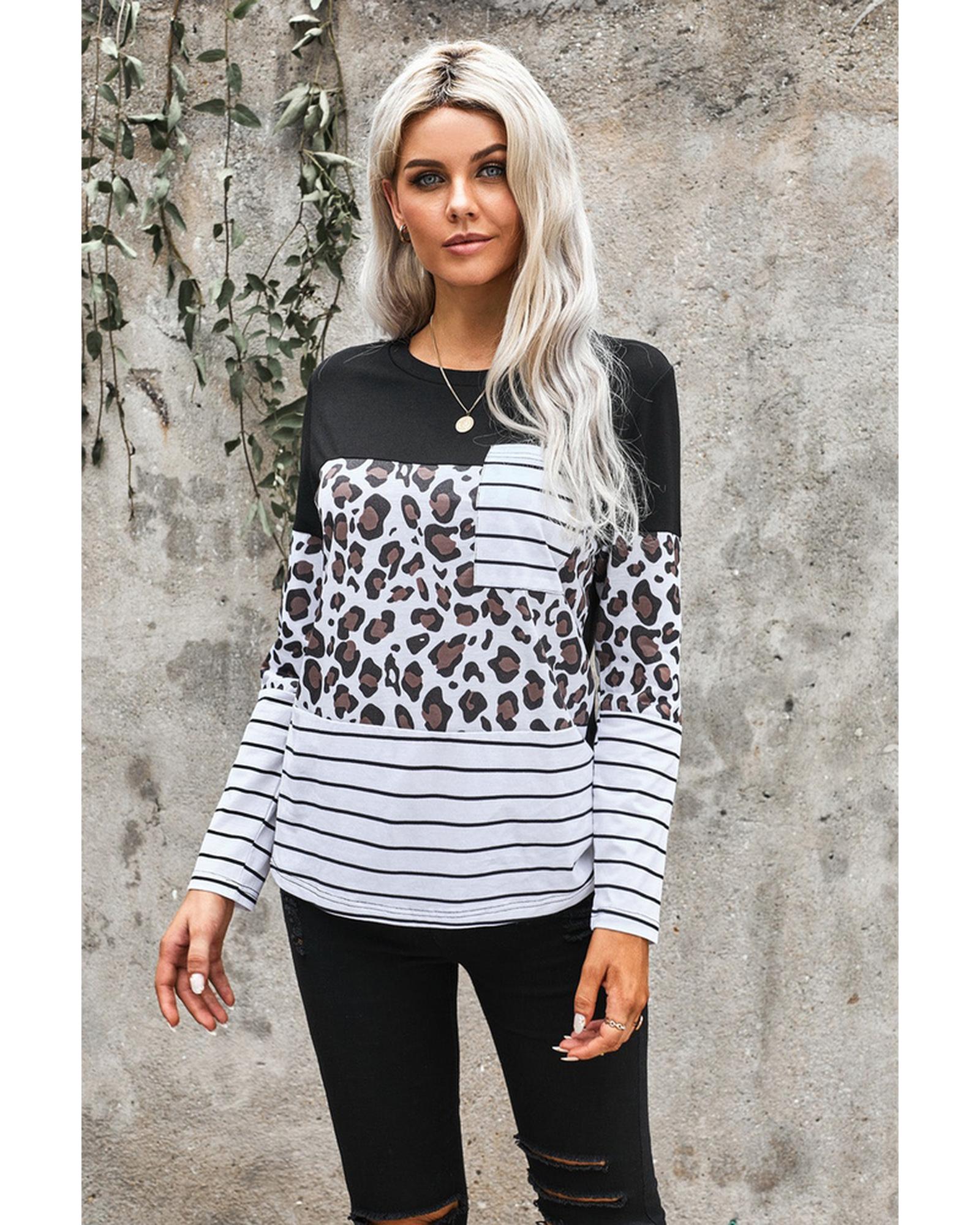 Azura Exchange Patchwork Striped Long Sleeve Top with Pocket - S