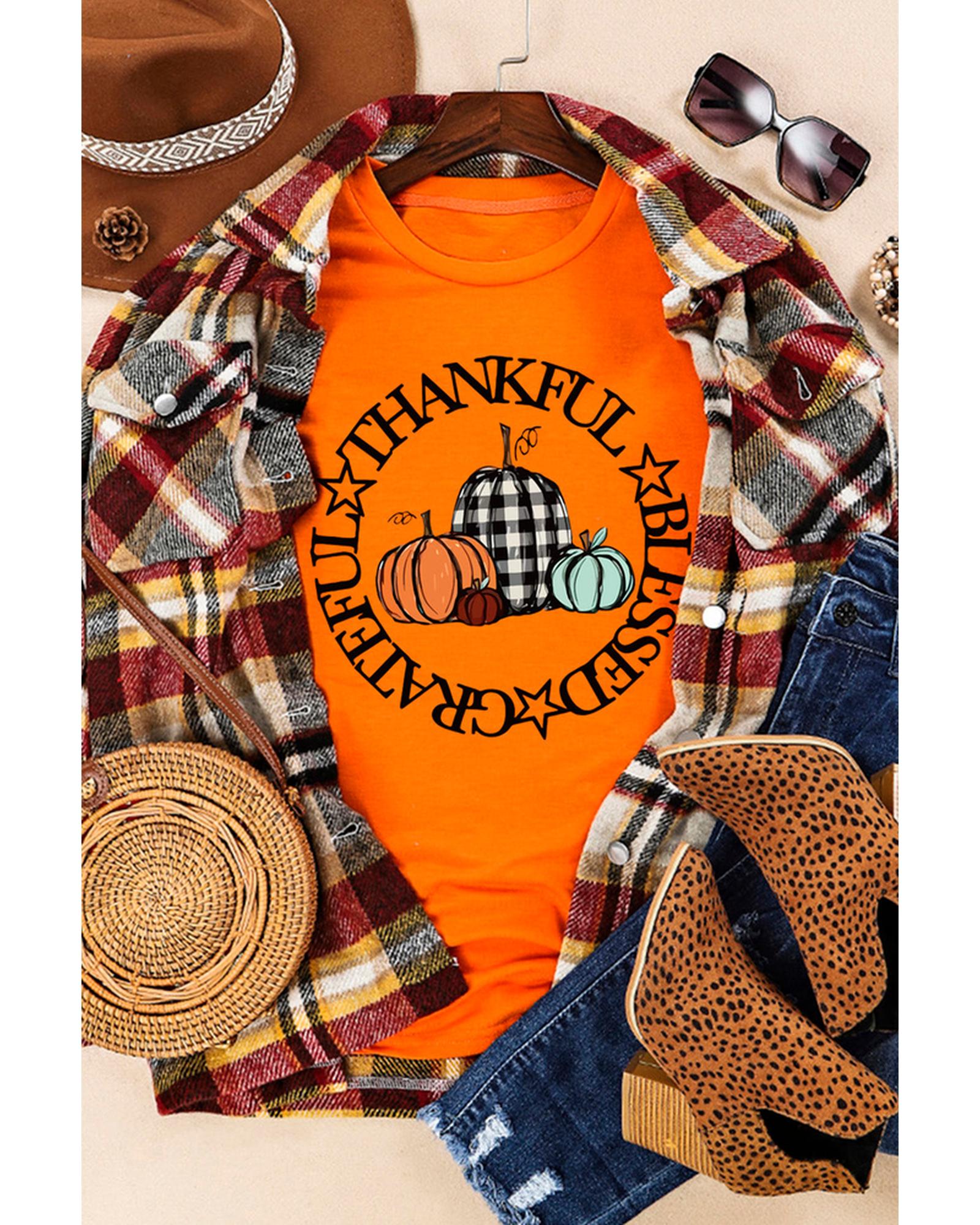 Azura Exchange Thankful Blessed Grateful Pumpkin Print T-Shirt - L