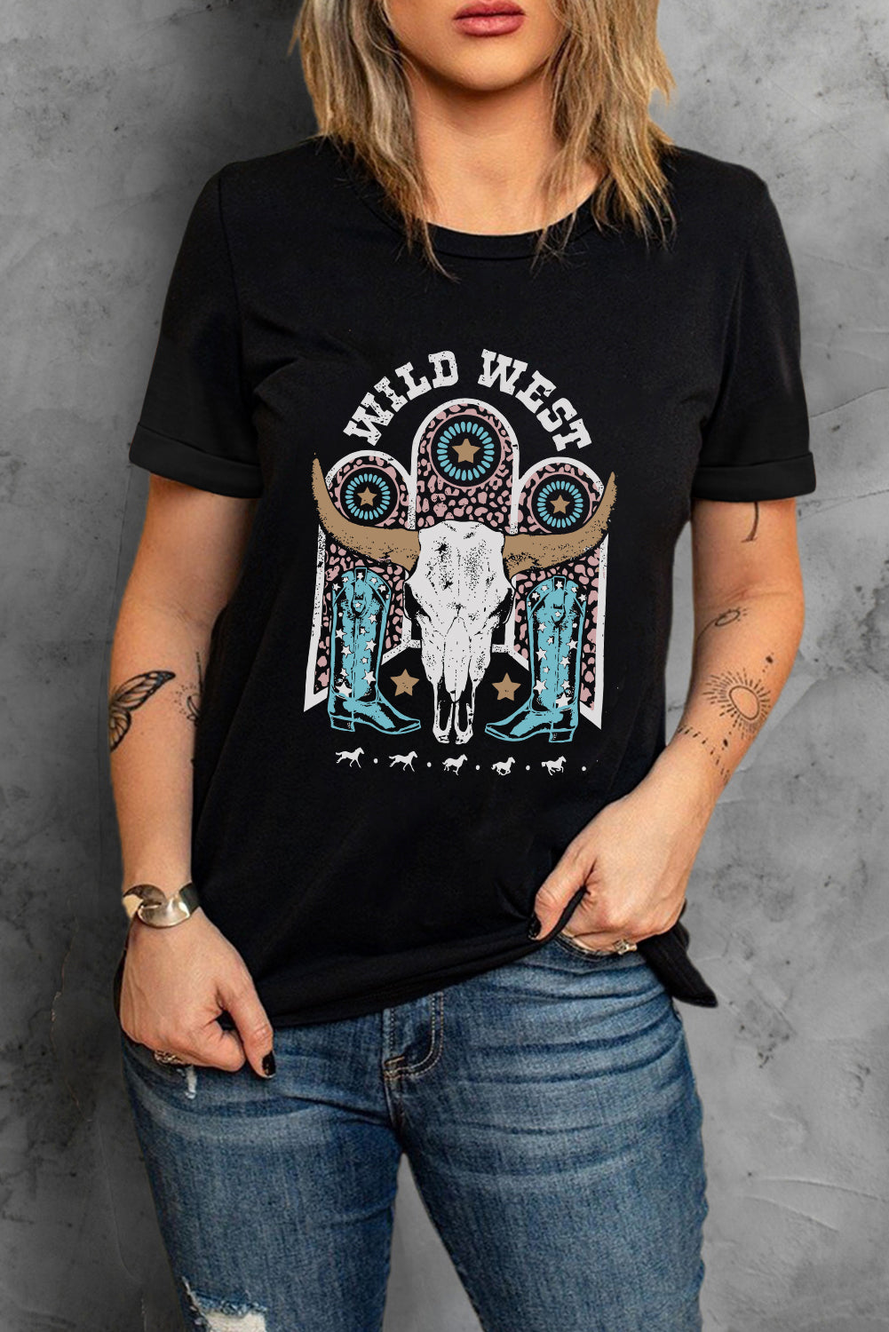 Azura Exchange Steer Skull Graphic Print T-Shirt - S