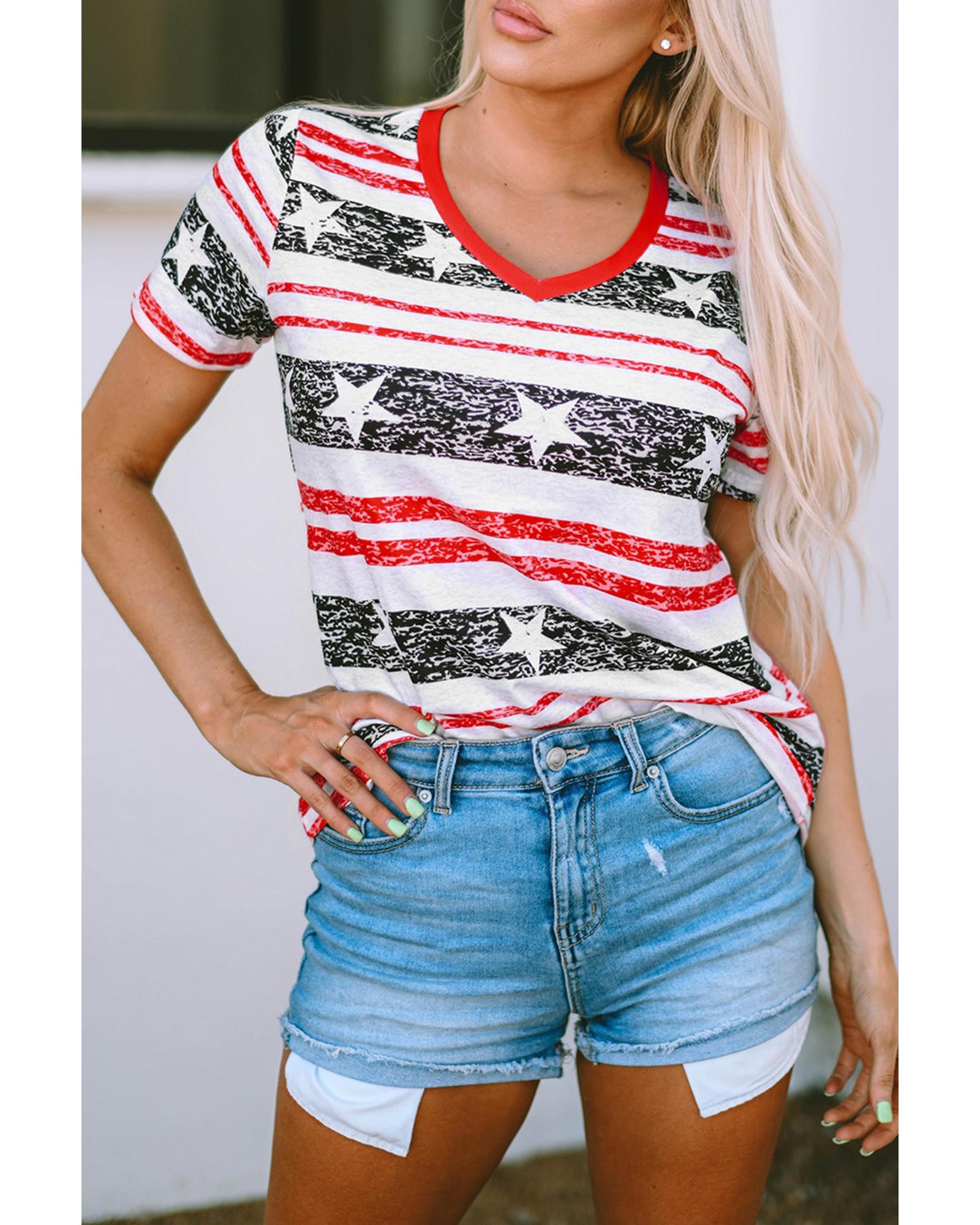 Azura Exchange Star and Stripe Print V-Neck T-Shirt - M