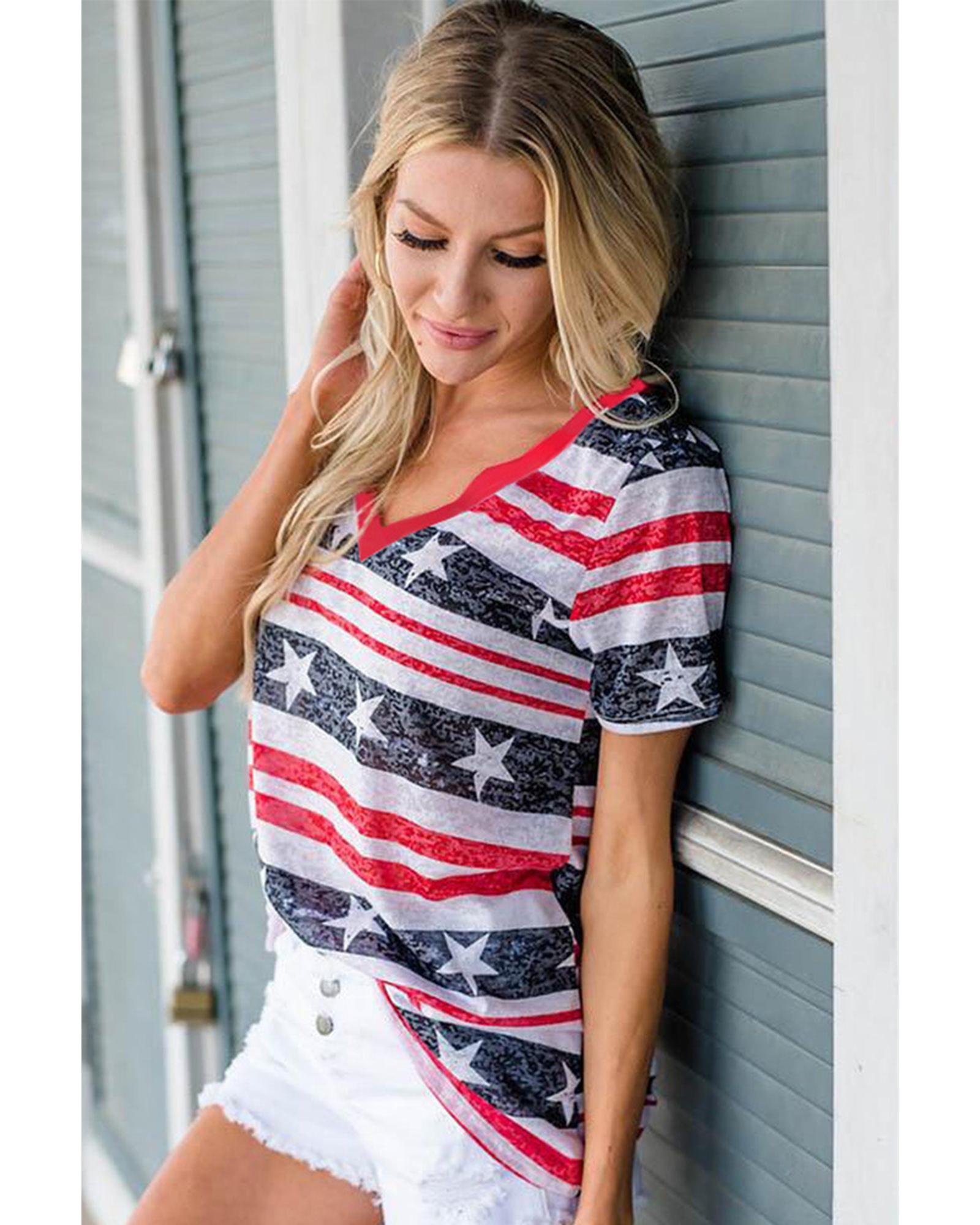 Azura Exchange Star and Stripe Print V-Neck T-Shirt - S