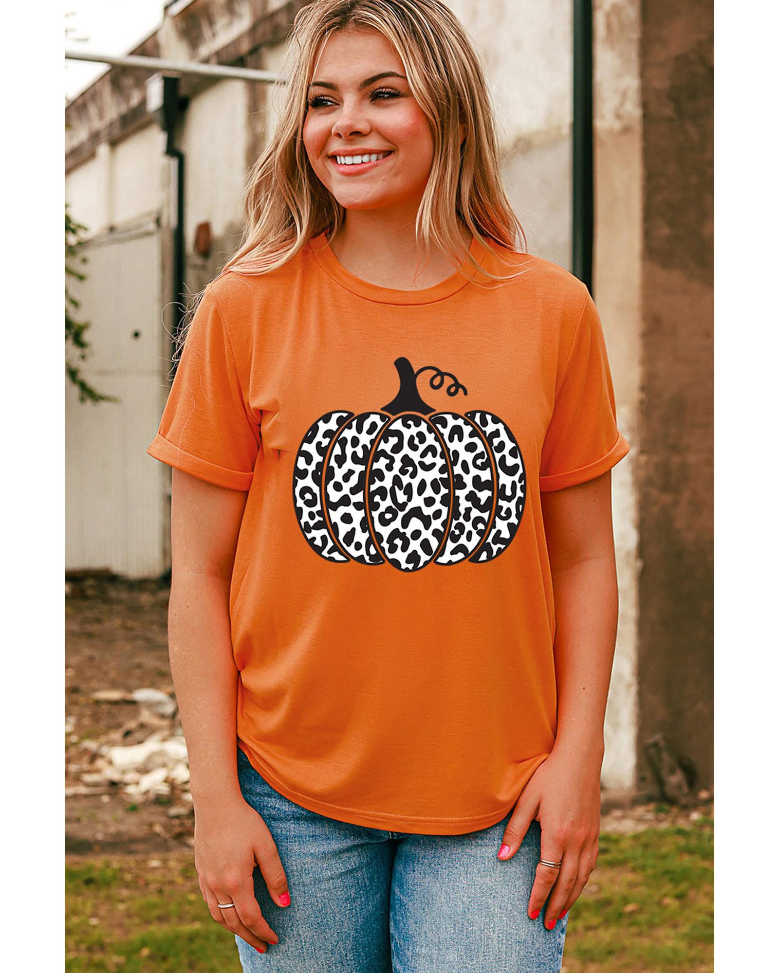 Orange Leopard Pumpkin Graphic Daily Fashion Tee - S