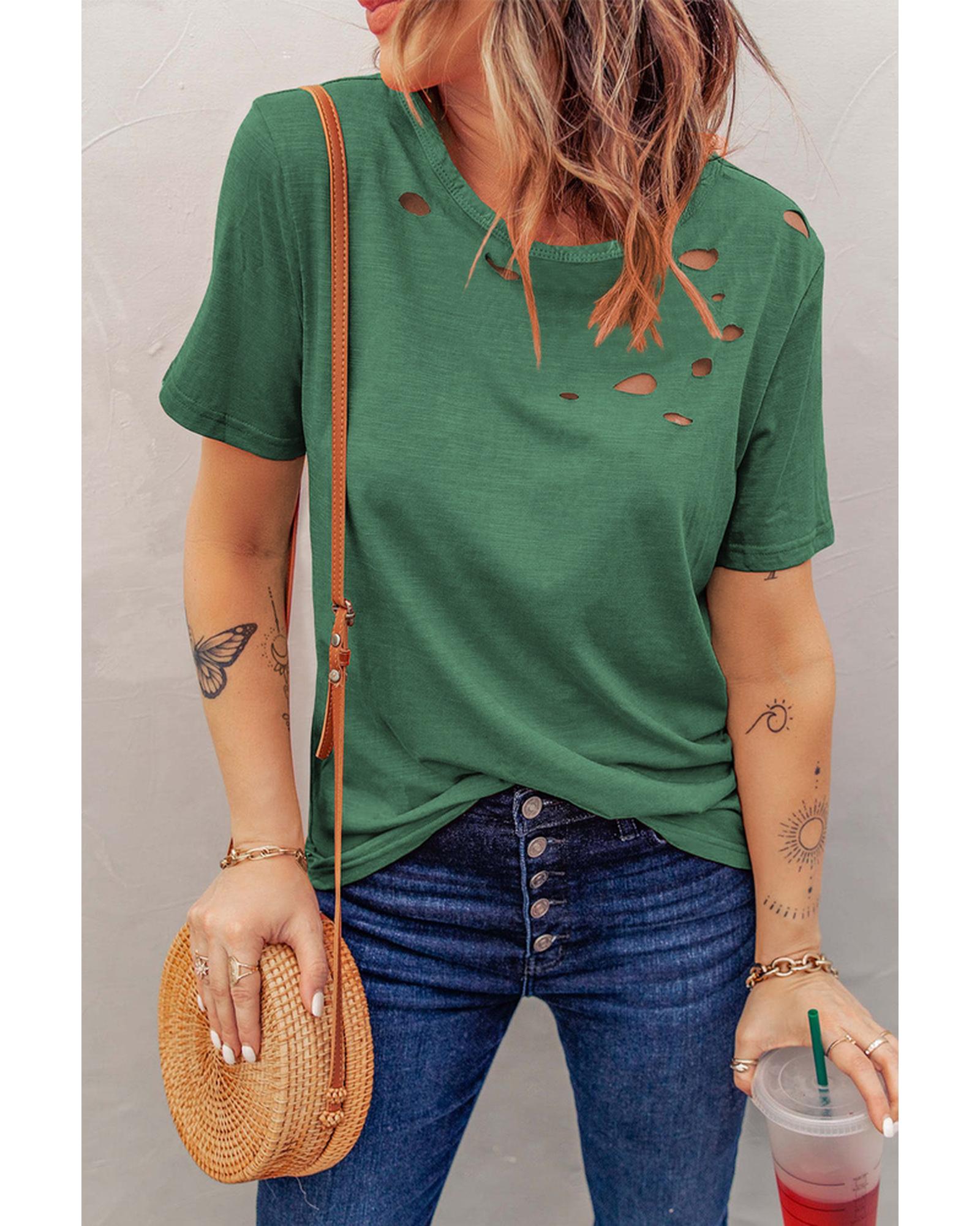 Azura Exchange Holes Crew Neck Cotton Mixed T-shirt - L