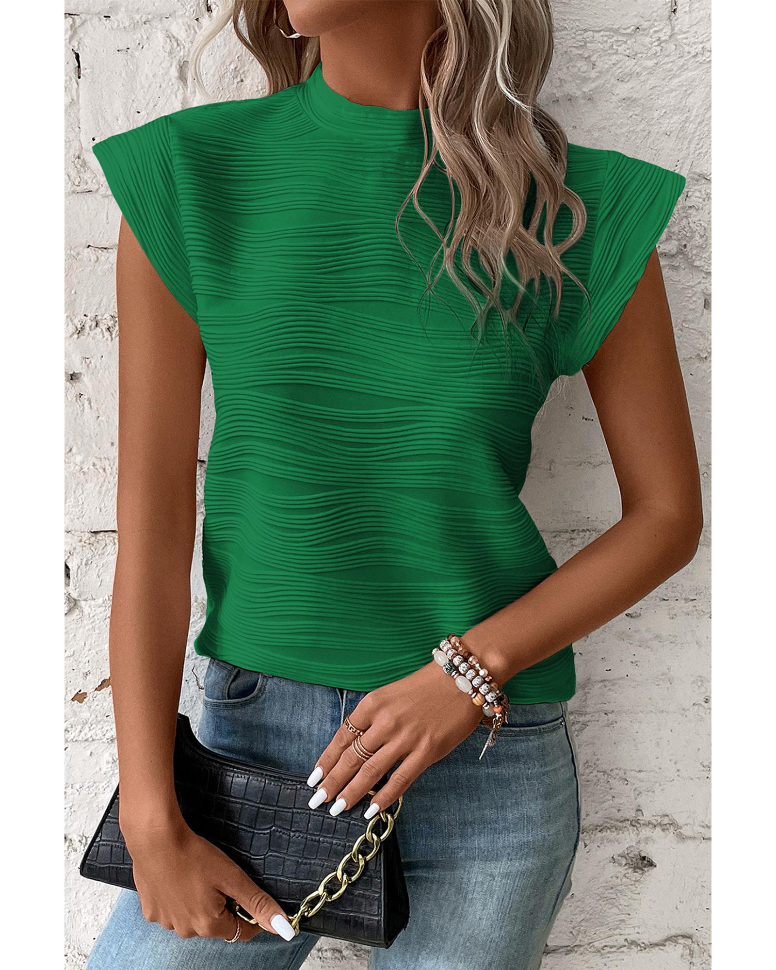 Dark Green Wavy Textured Mock Neck Cap Sleeve Top - XL
