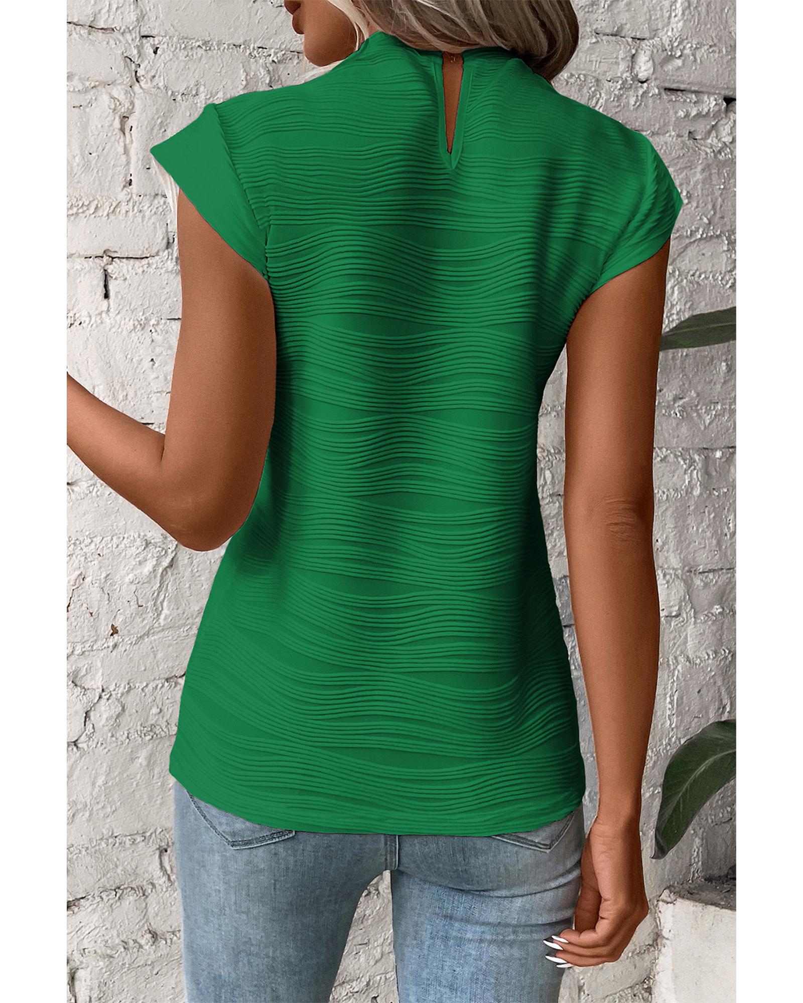 Dark Green Wavy Textured Mock Neck Cap Sleeve Top - XL