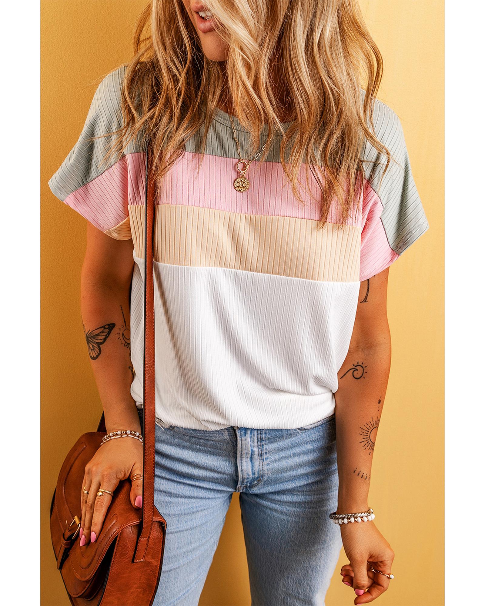 White Ribbed Color Block Patchwork T-shirt - L