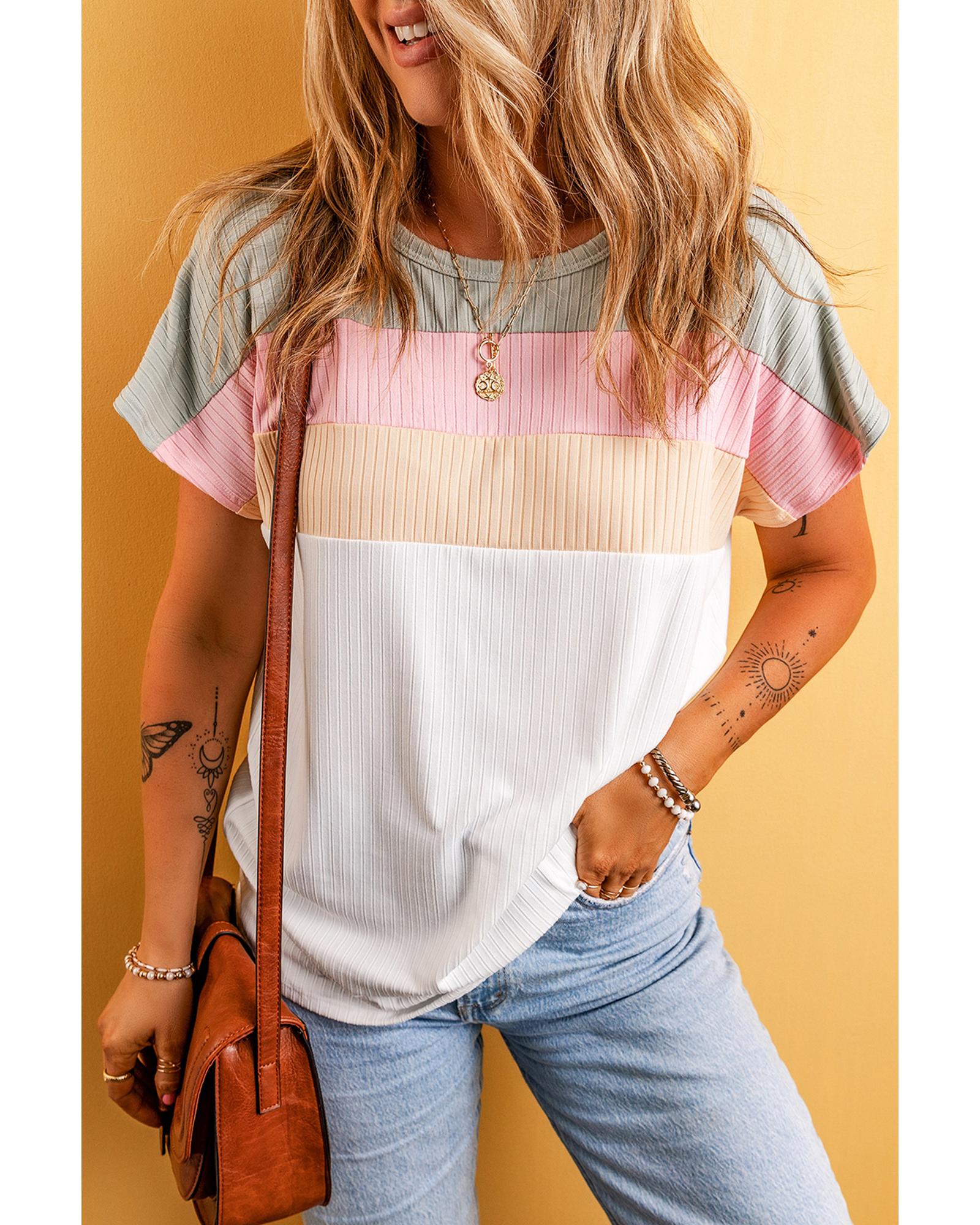 White Ribbed Color Block Patchwork T-shirt - M