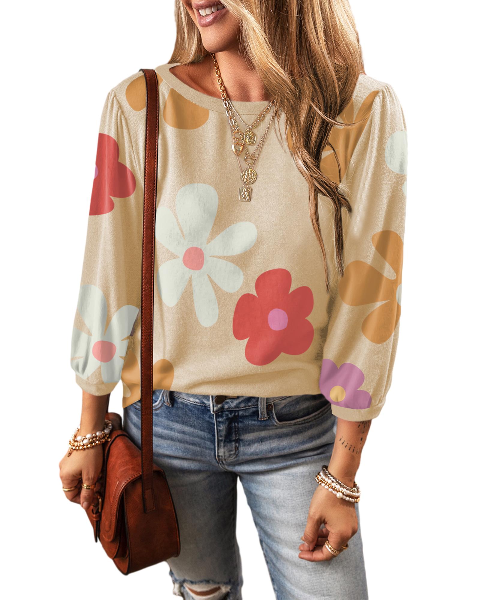 Apricot Cute Flower Print Bracelet Sleeve Top - S