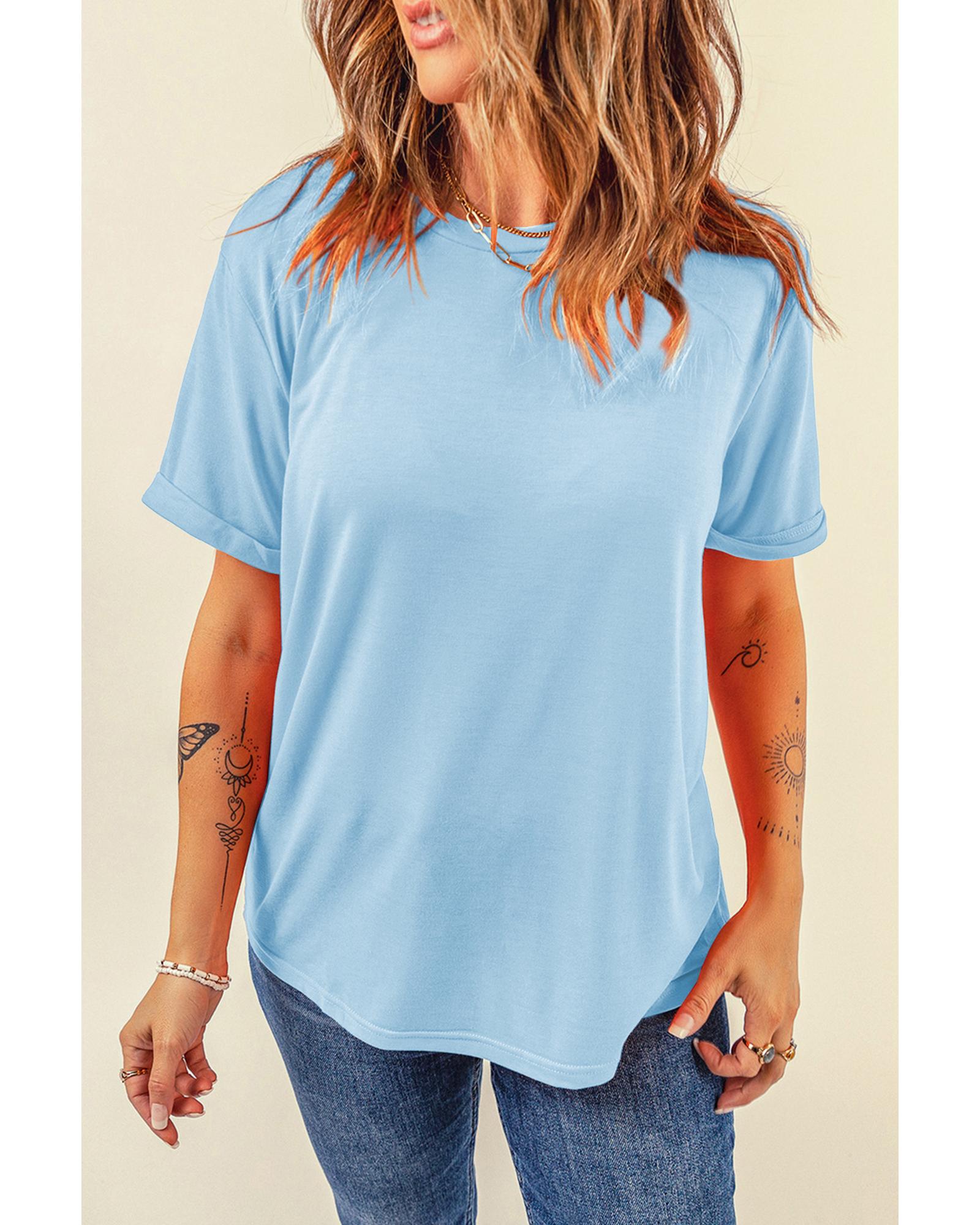 Light Blue Bright Casual Plain Crew Neck Tee - S