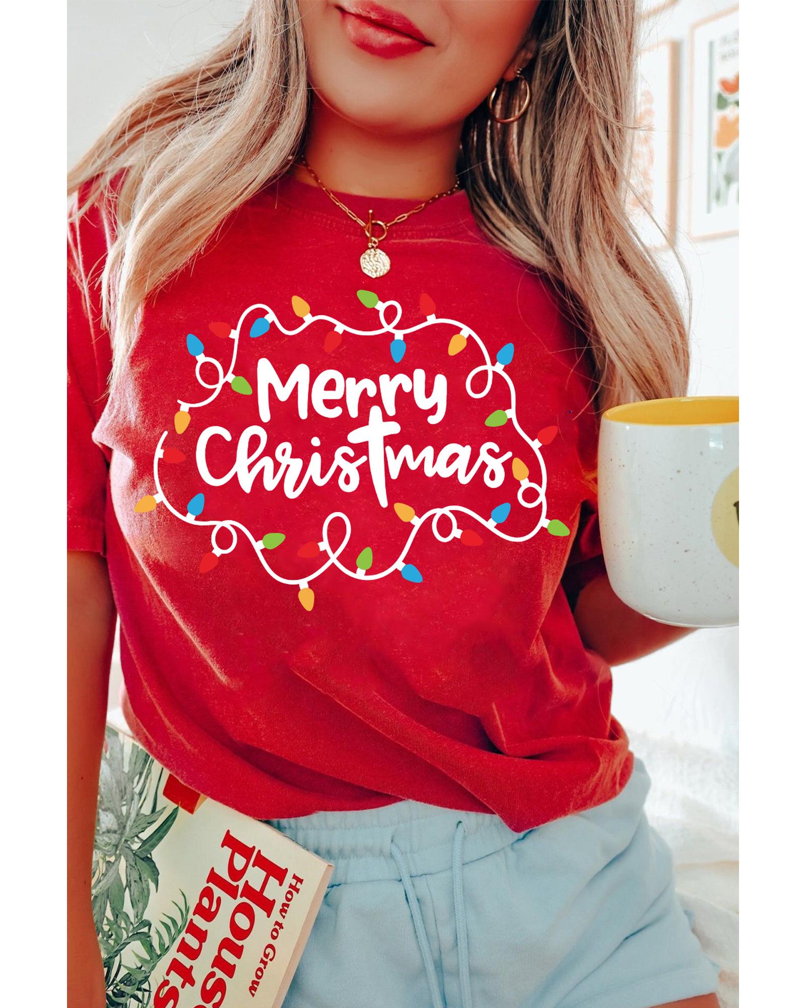 Red Merry Christmas Lights Print Crew Neck T Shirt - 2XL